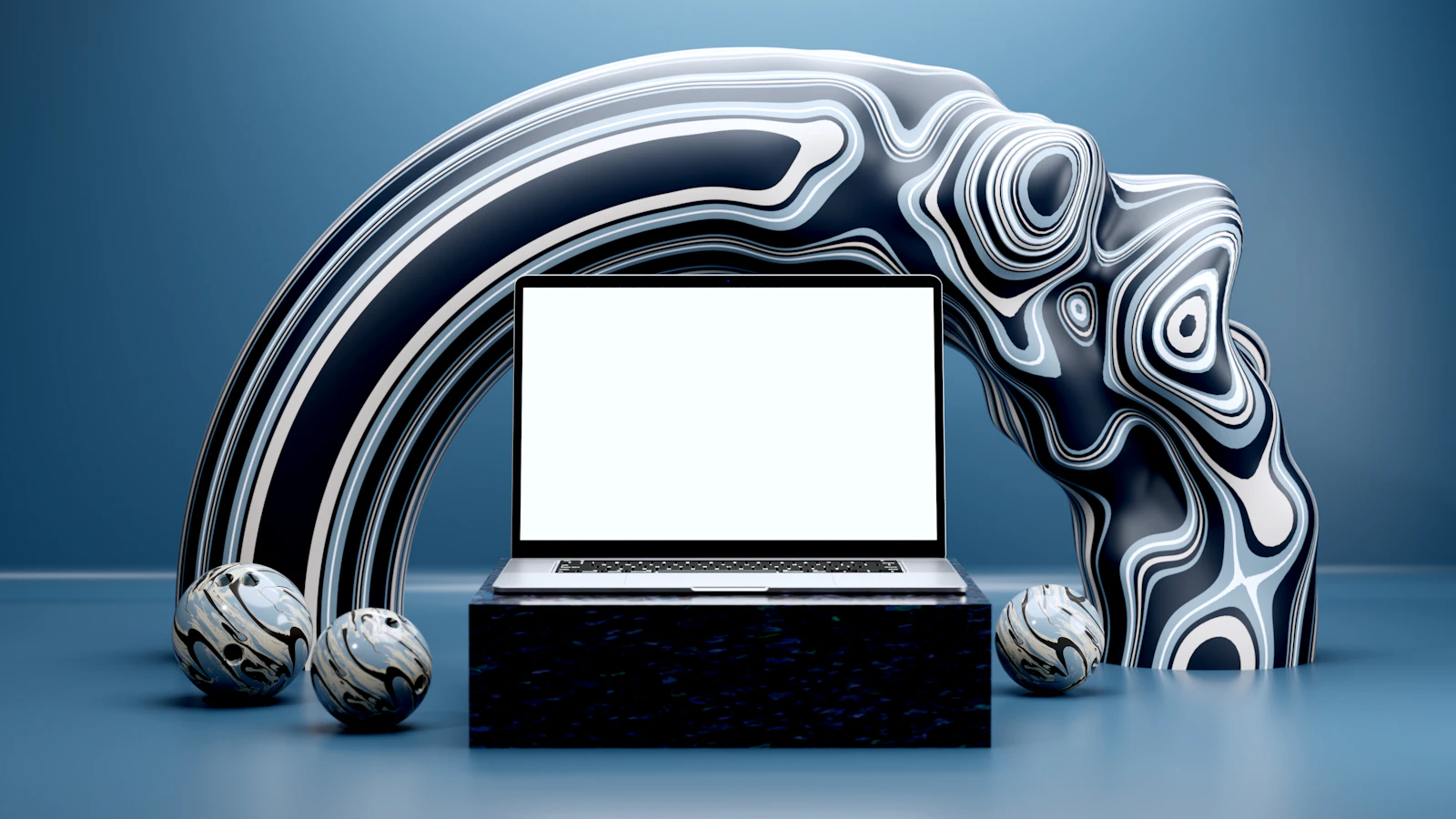 Sculptural design piece with laptop, creative studio