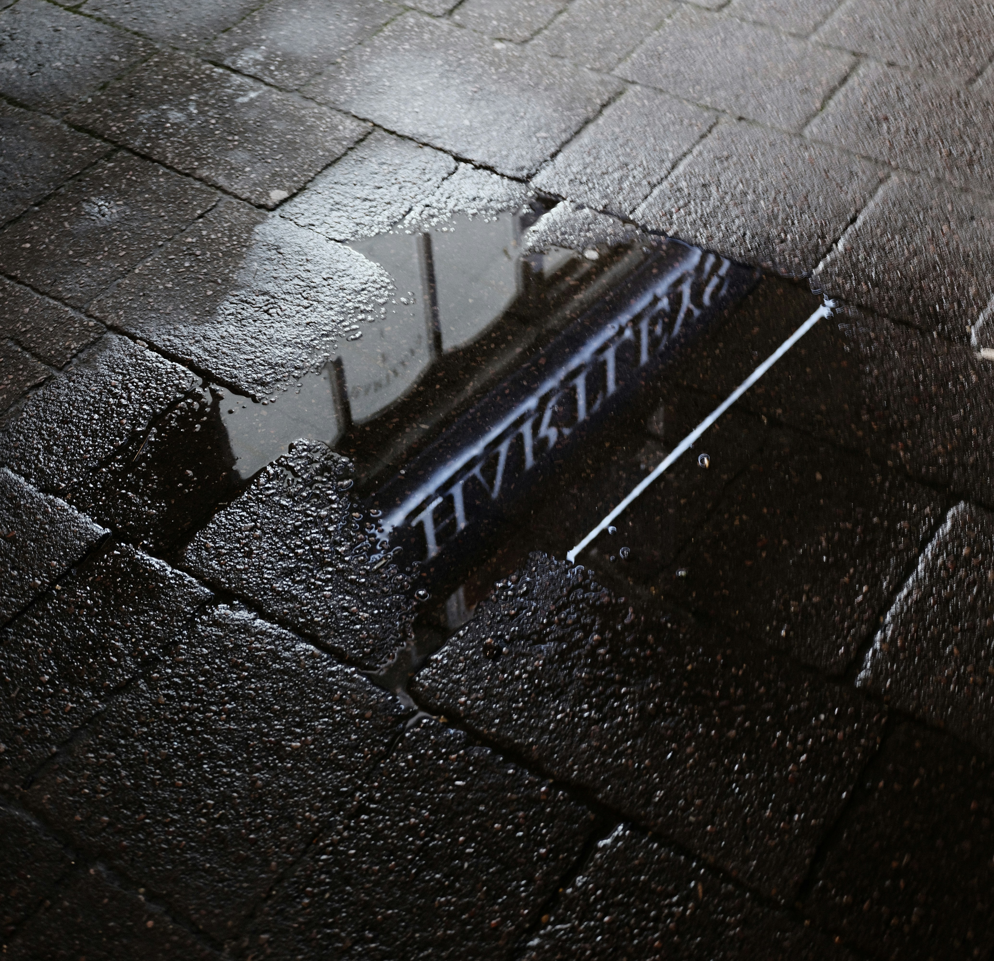 Reflection in a puddle on a cobblestone street.
