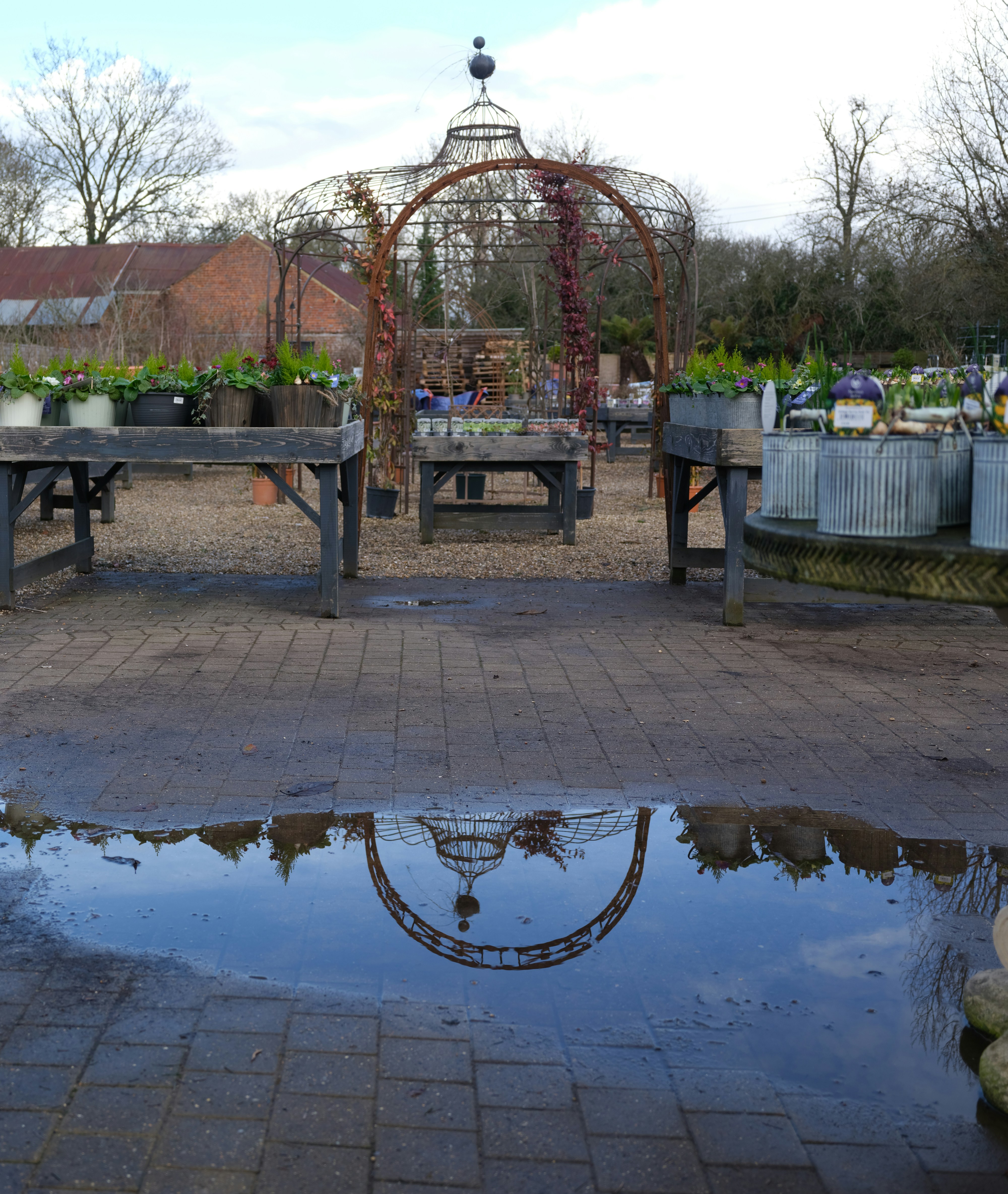 Gazebo reflection in puddle at outdoor plant nursery