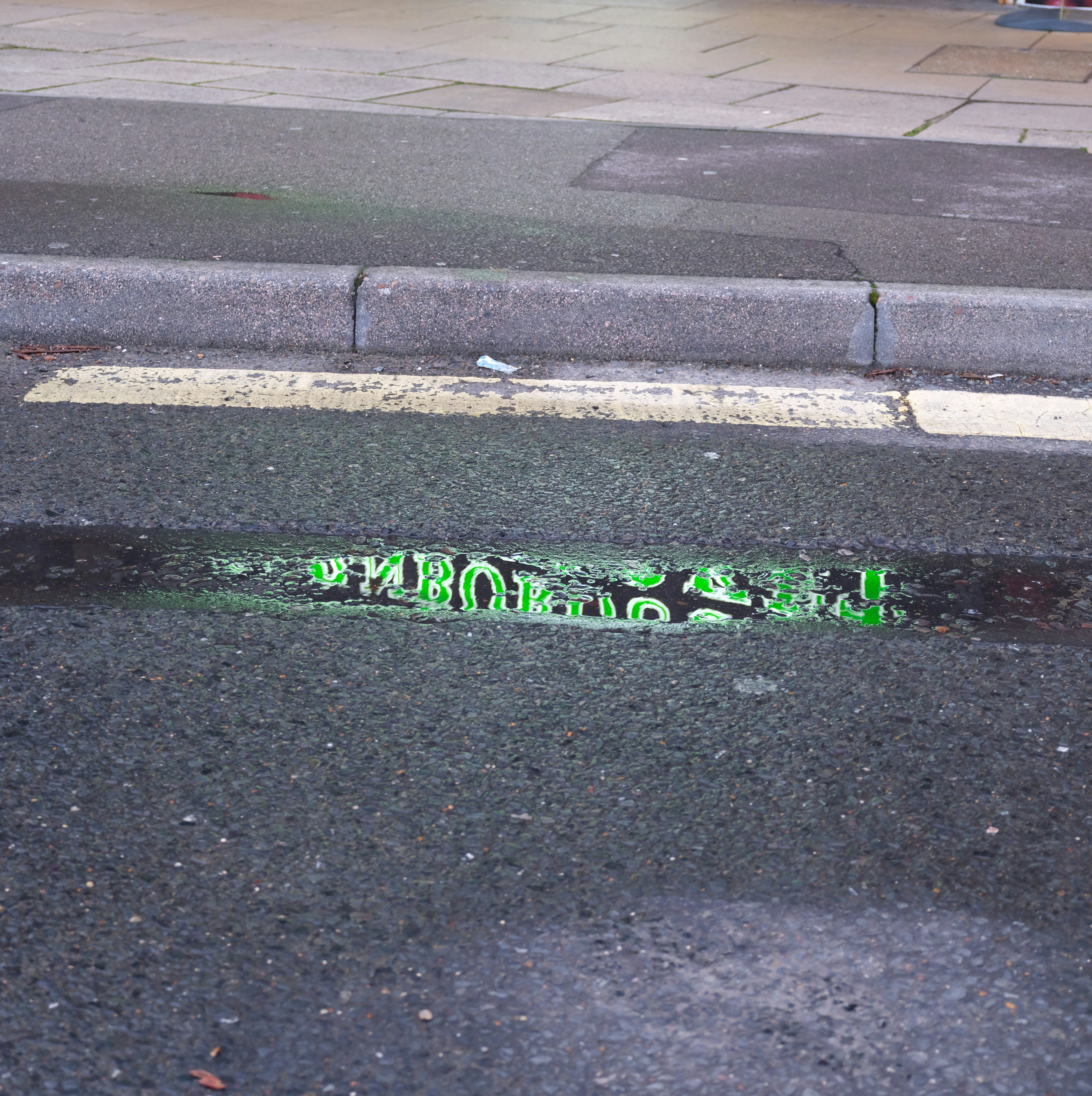 Green lettering reflected in a puddle on asphalt