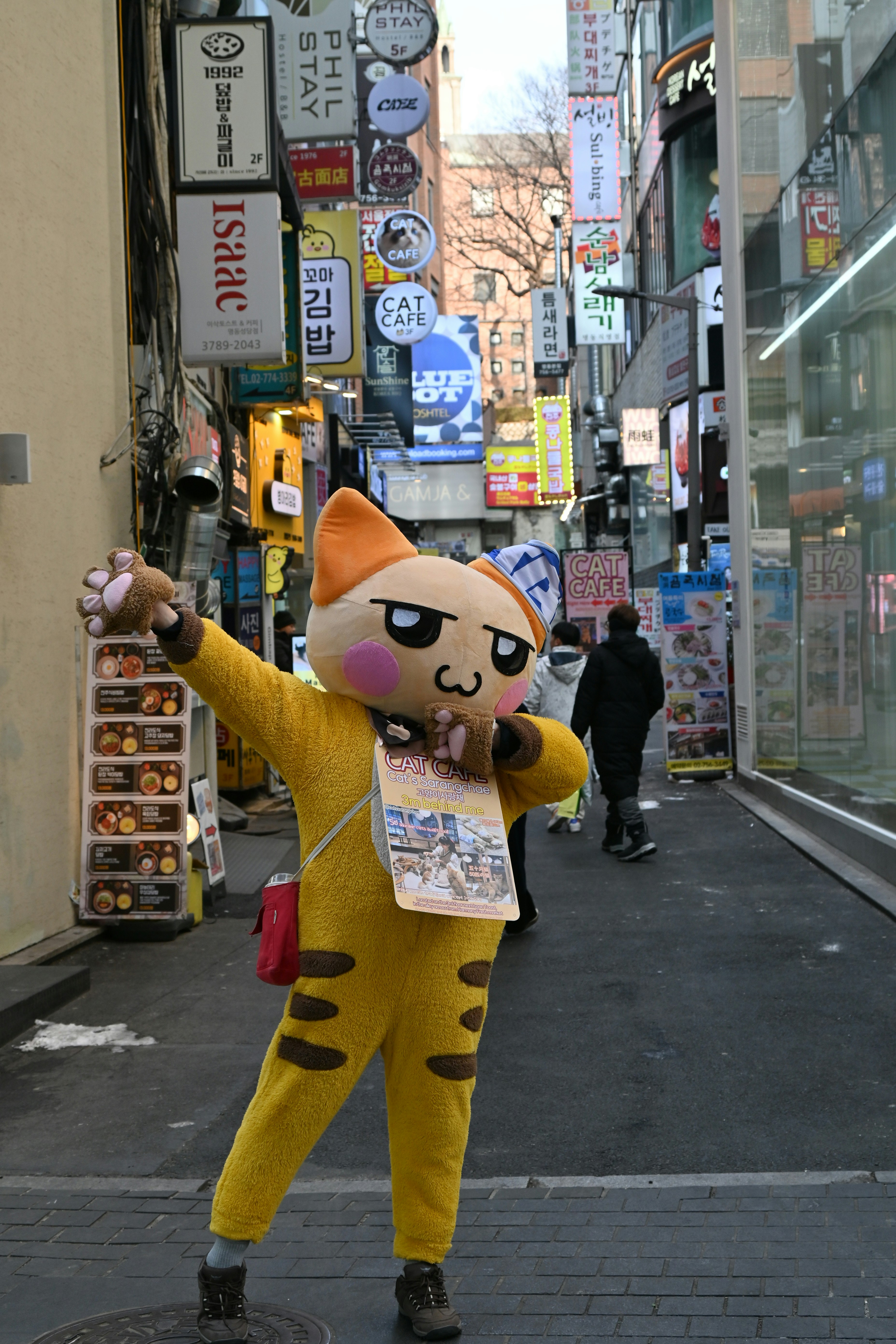 A person in a cat costume dances in an alley.