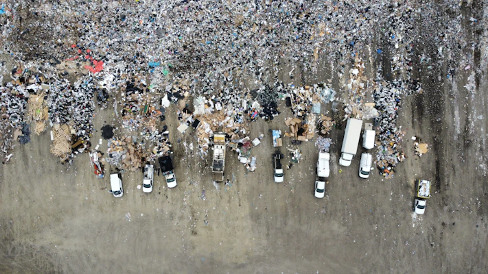 Aerial view of a large landfill with garbage trucks