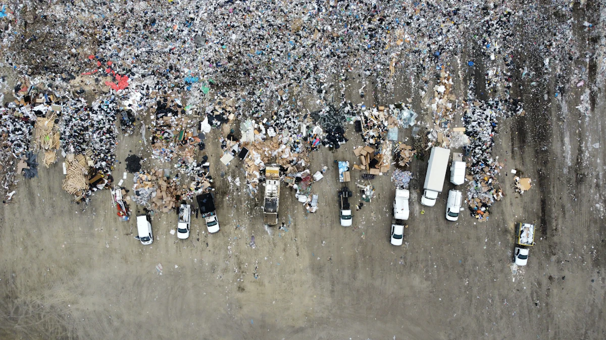 Aerial view of waste collection vehicles at a landfill