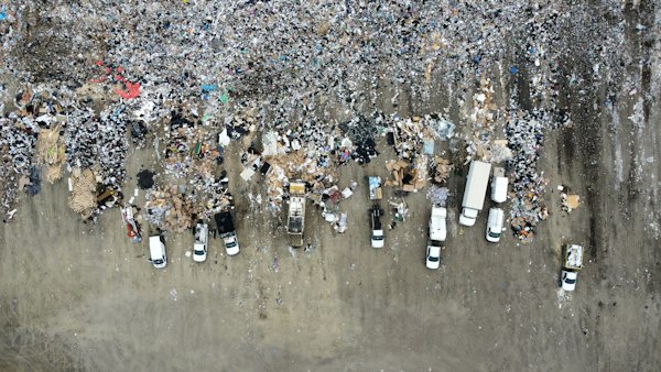 Aerial view of a large landfill with garbage trucks