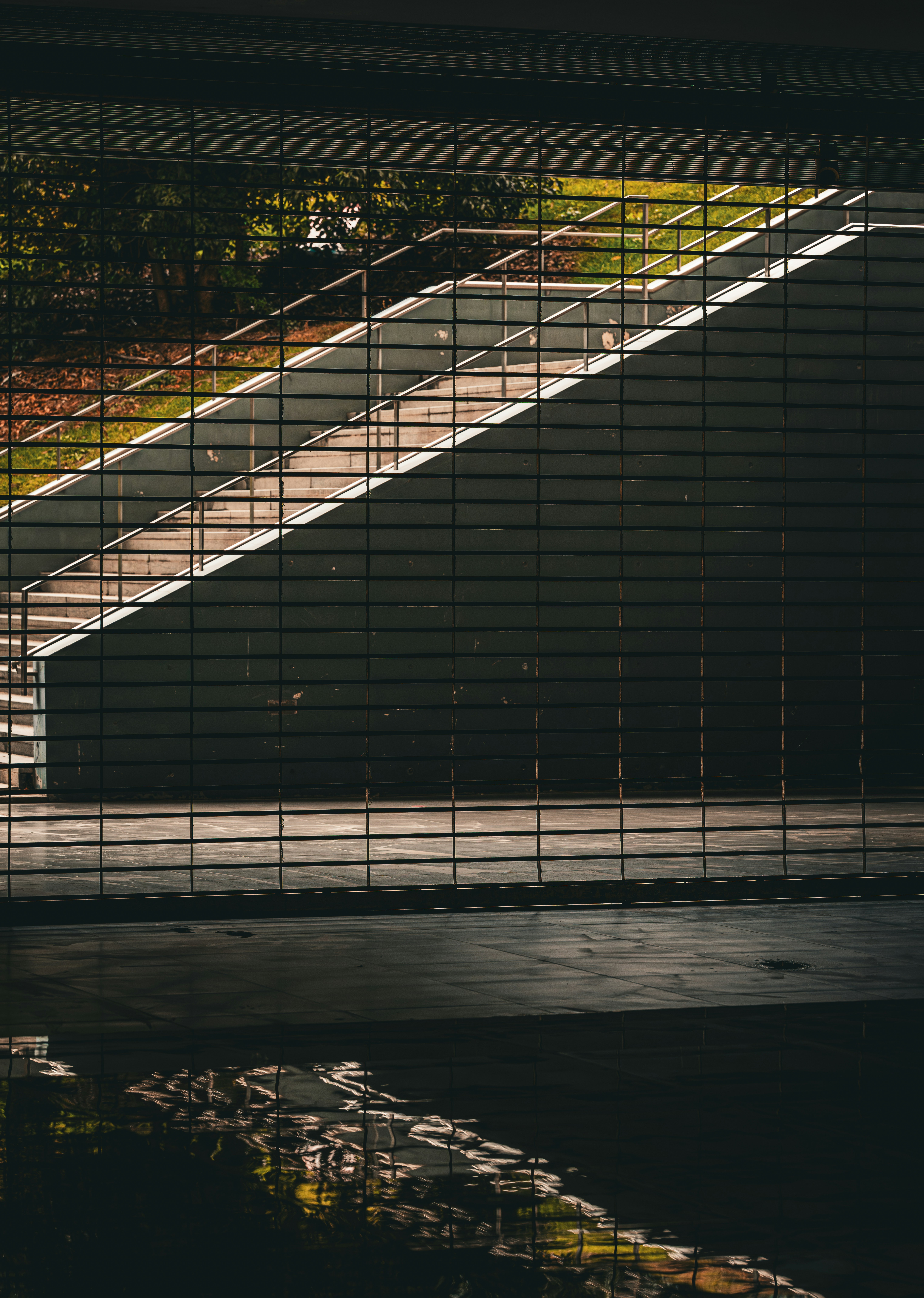 Escada vista através de uma grade de metal com reflexos na água