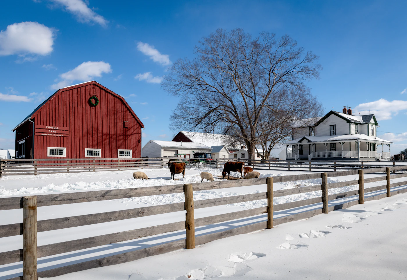 Farmhouse and red barn on a snowy rural property