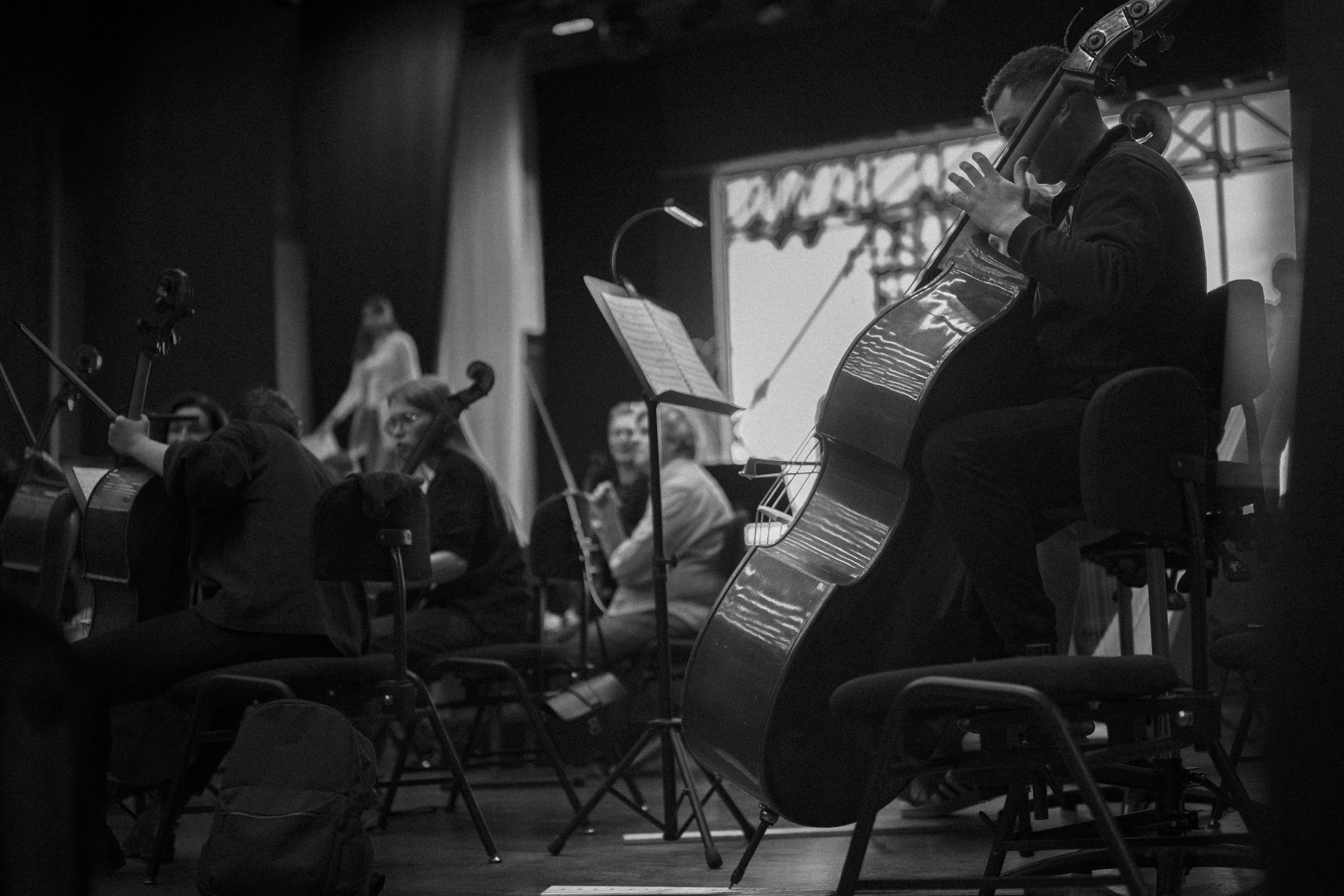 Orchestra musicians playing instruments on stage during performance.