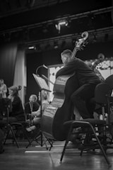 Musicians in an orchestra preparing to play their instruments.