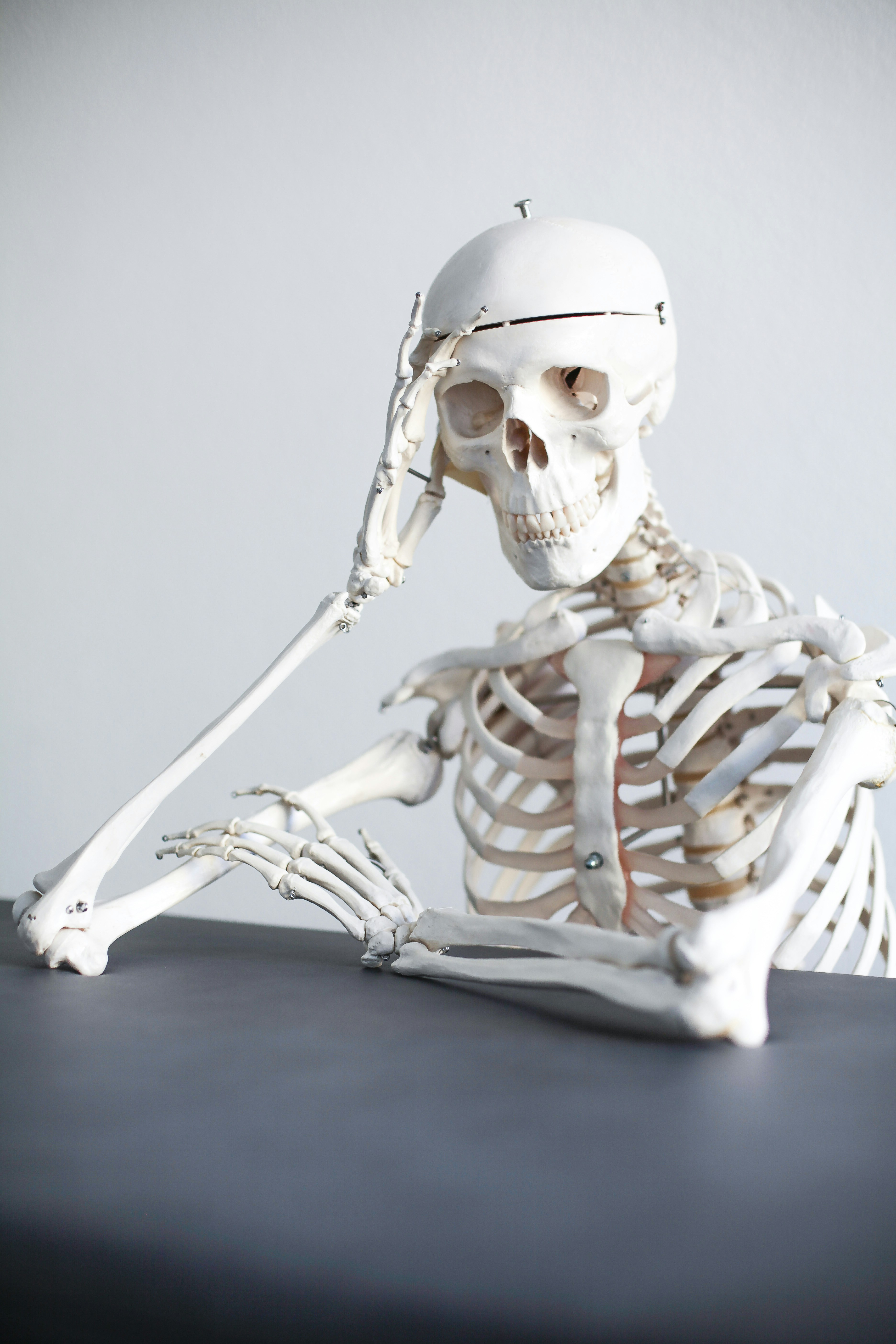 Skeleton resting its head on its hand.