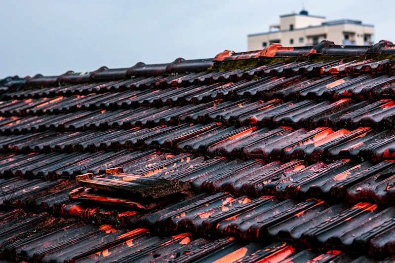 Close-up of storm-damaged roof tiles