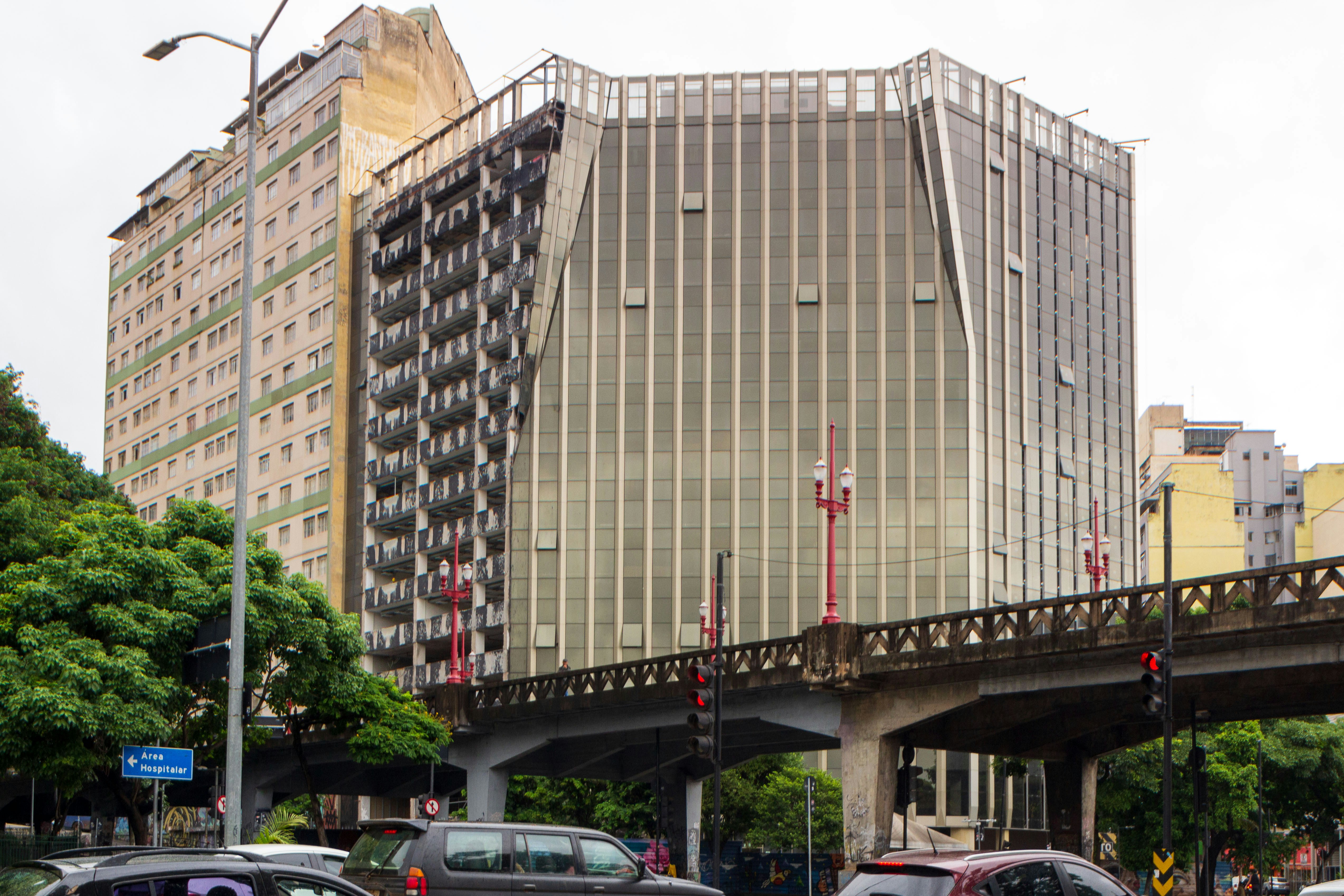 Modern buildings with elevated road and trees