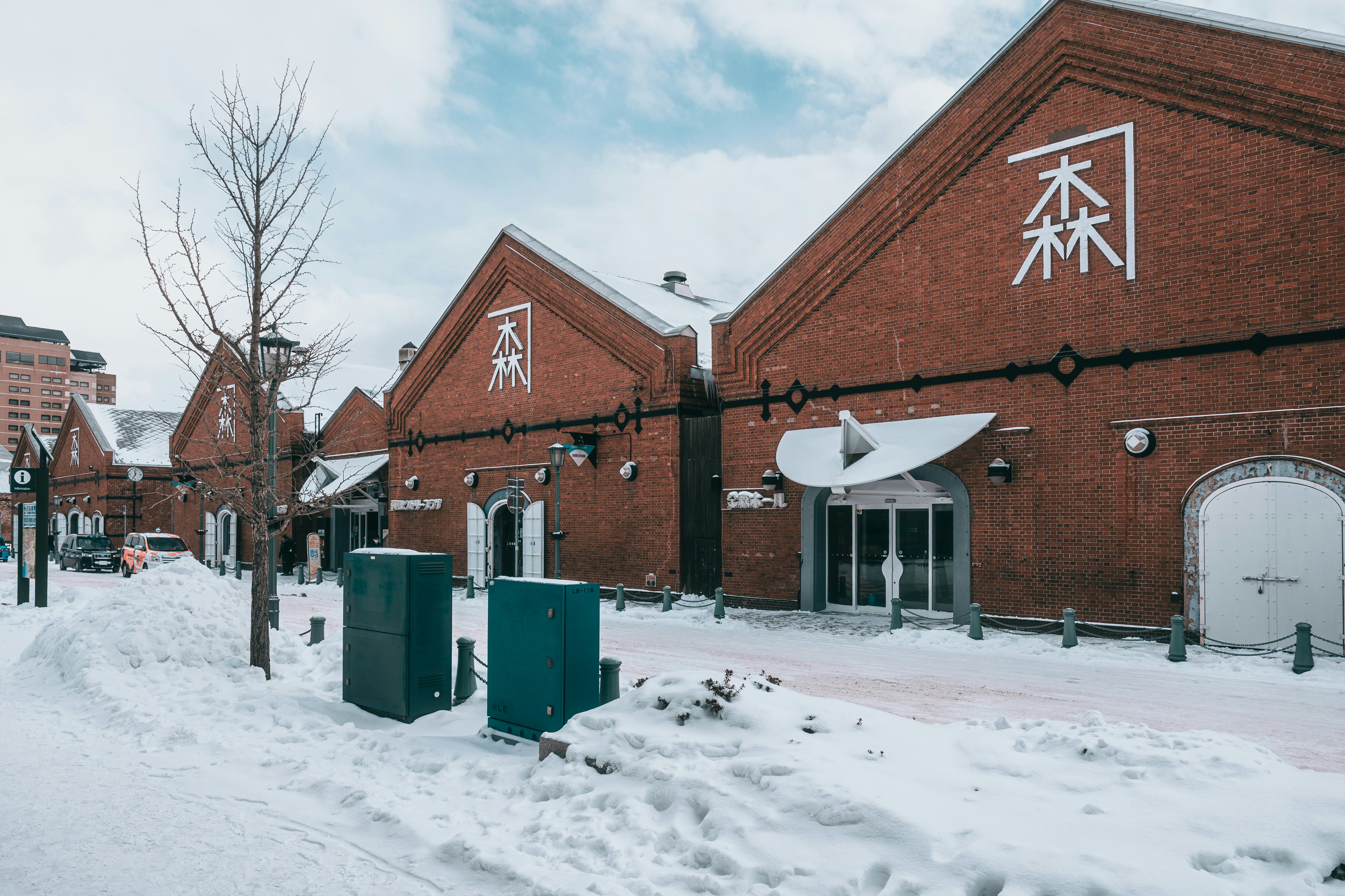 Historic brick buildings covered in snow during winter.