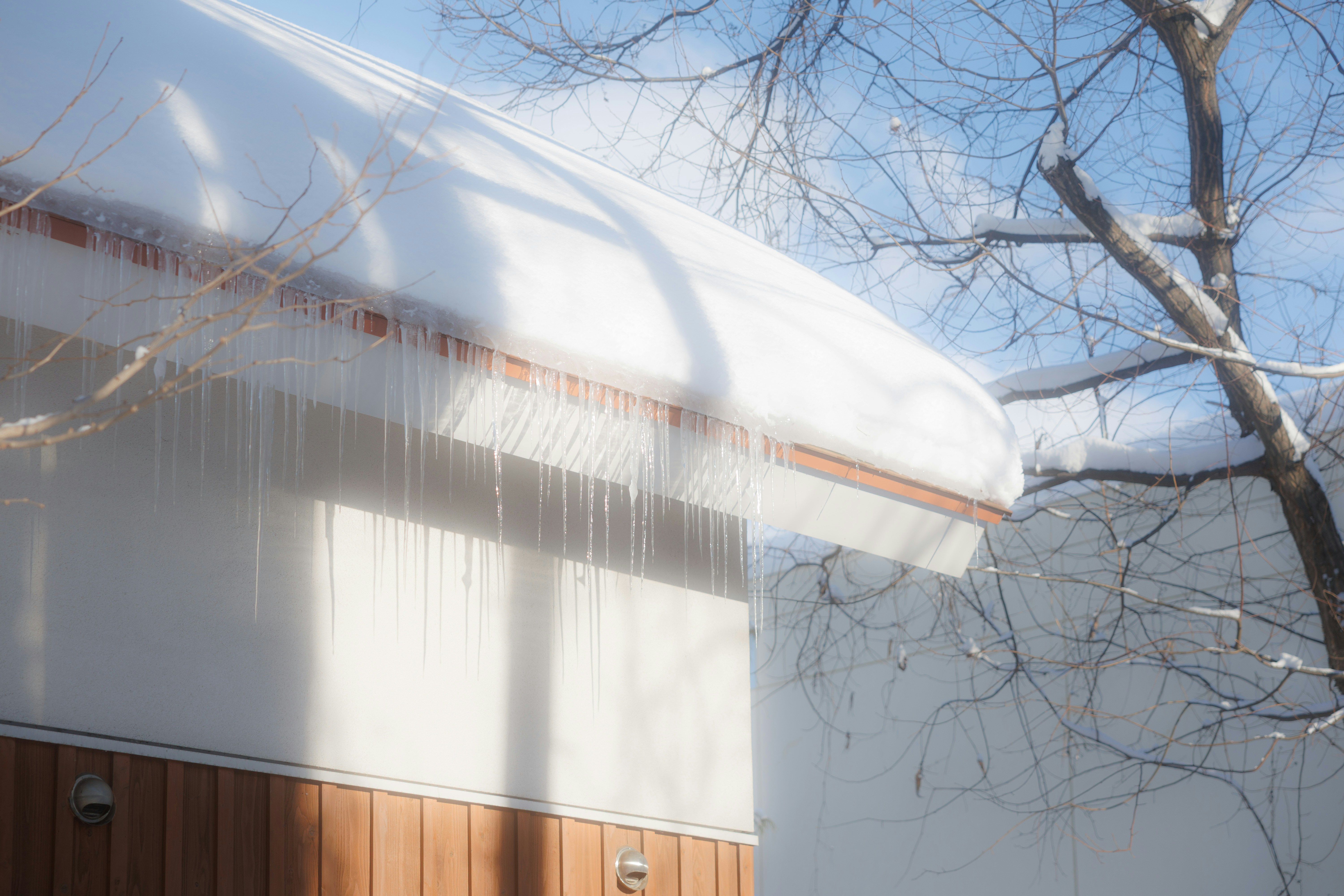 Icicles hanging from a snow-covered roof