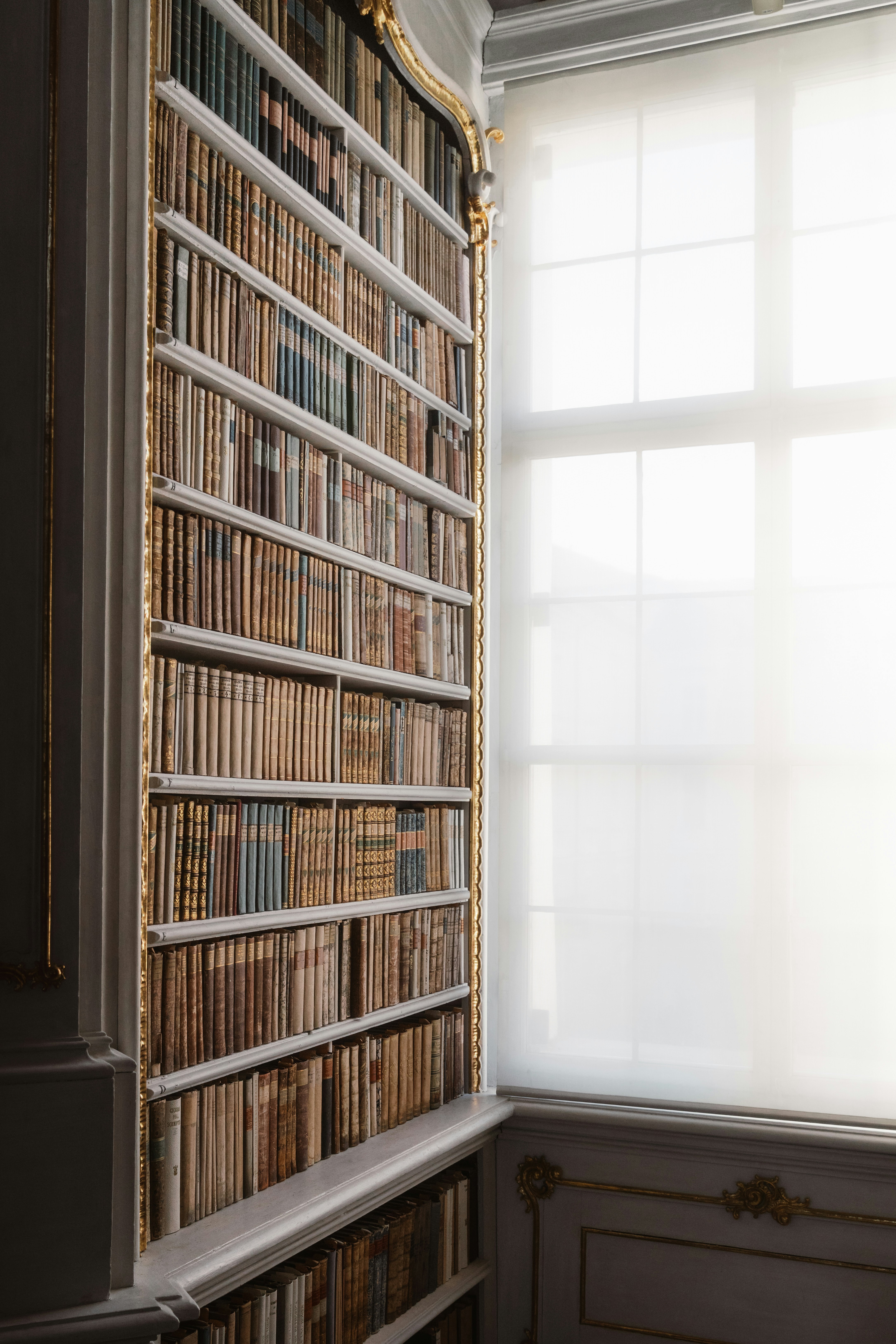 Tall bookshelf filled with old books next to a window.