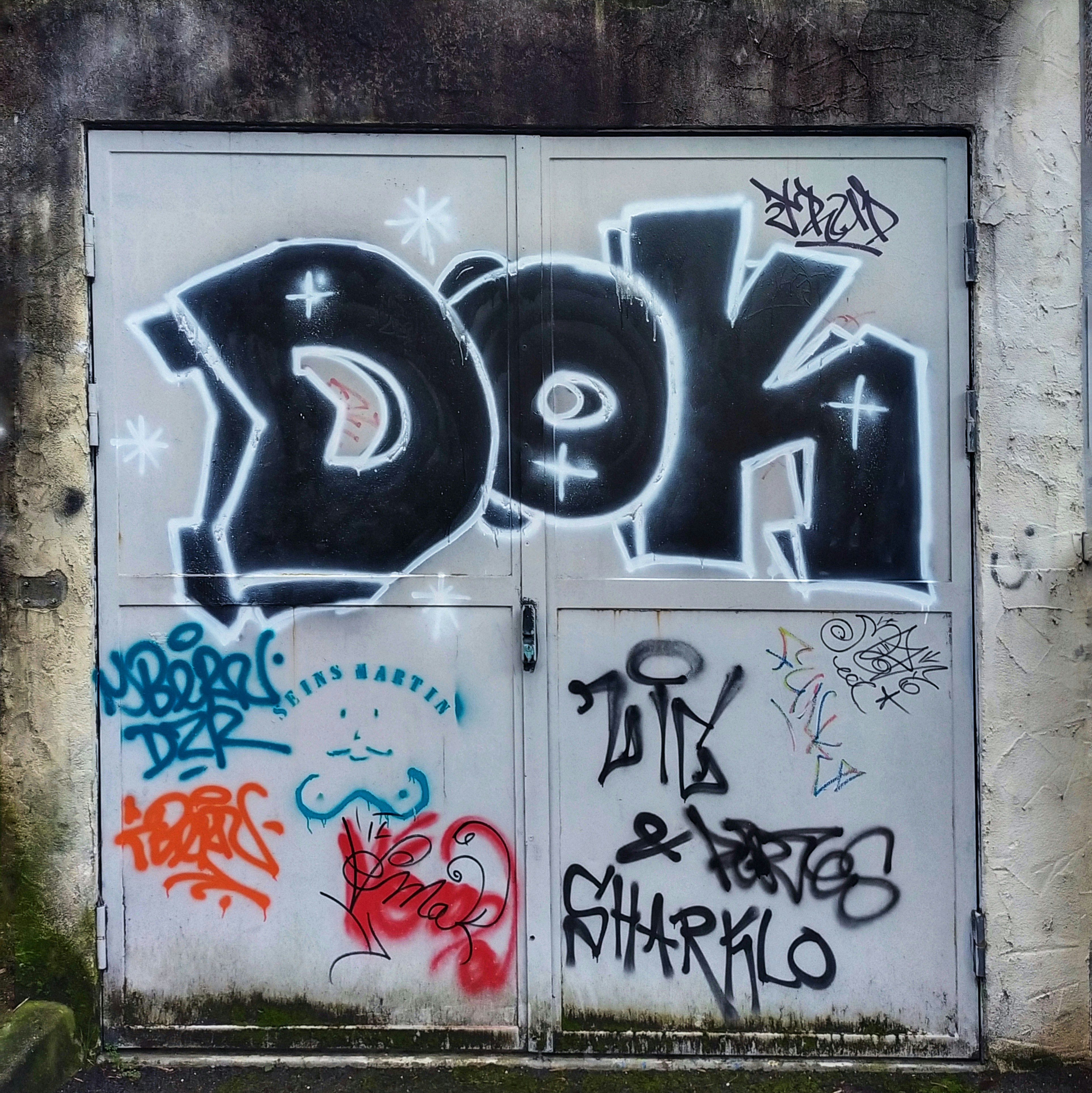 Graffiti art covers metal double doors on a concrete wall