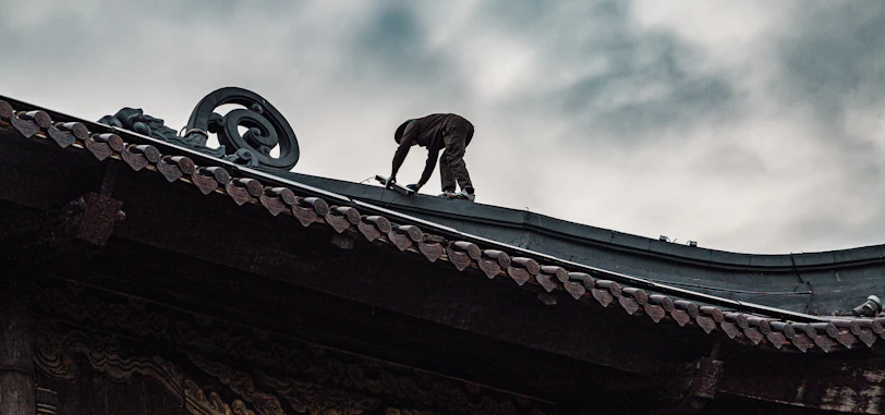 A monkey on a traditional asian roof