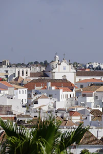 White buildings with terracotta roofs under a clear sky.