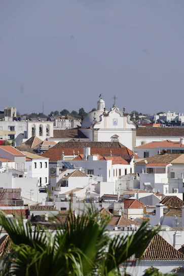 White buildings with terracotta roofs under a clear sky.