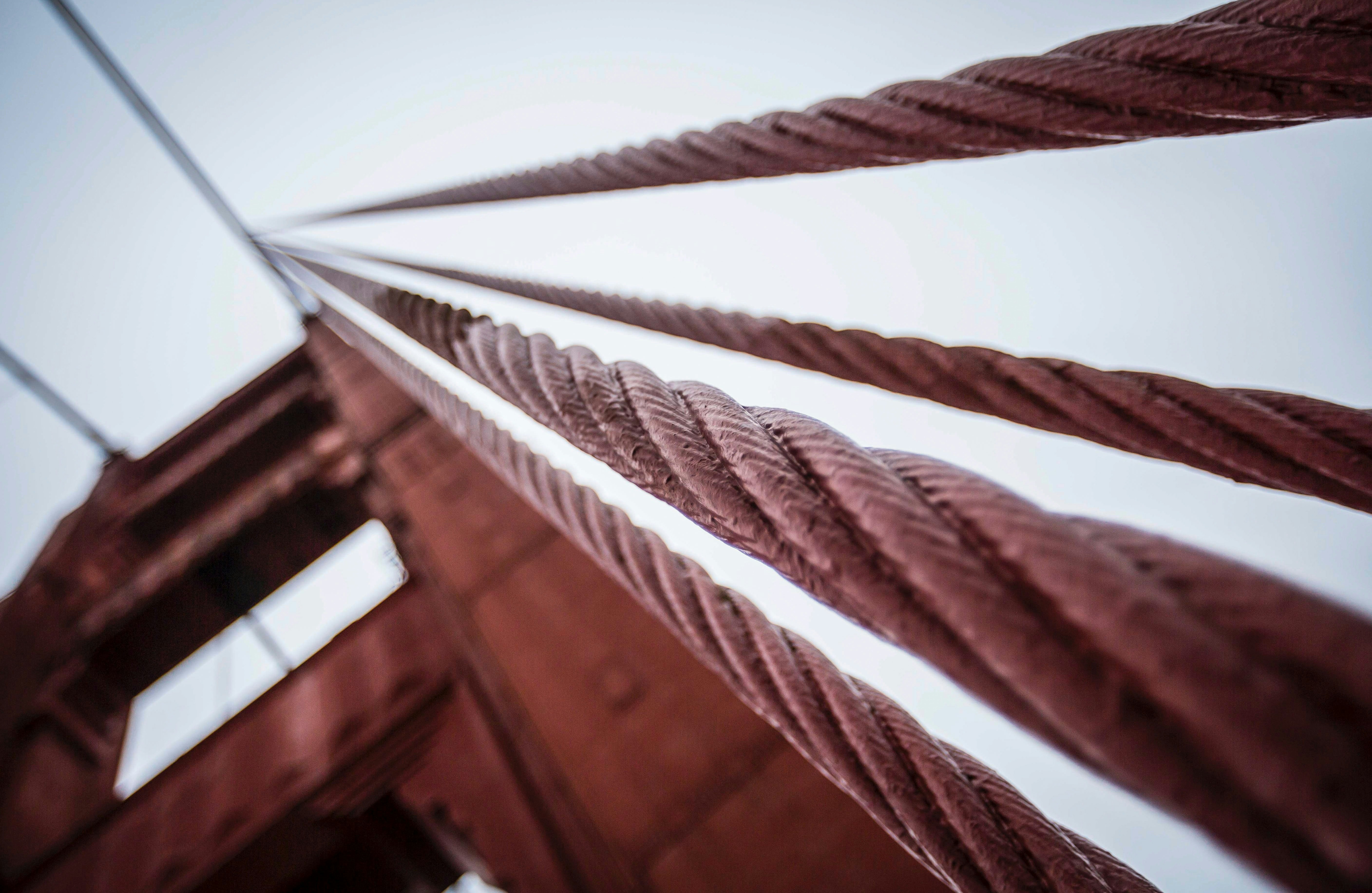 Thick steel cables extending upwards against sky