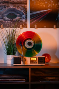 Colorful vinyl record spinning on a player.