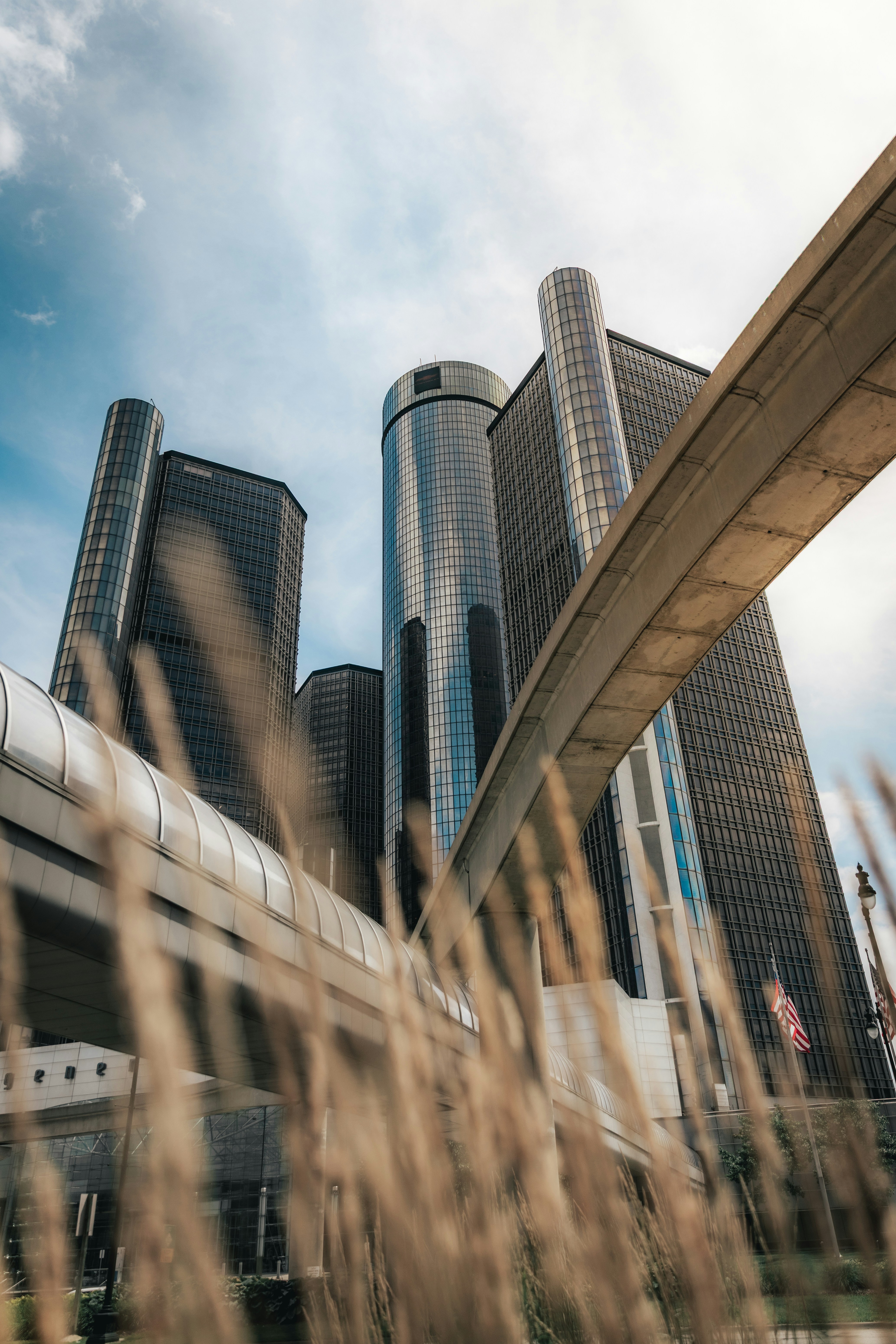 Des gratte-ciel modernes avec des voies ferrées surélevées et de l’herbe sèche.