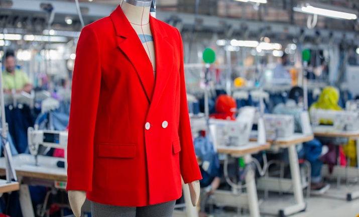Red blazer on mannequin in a factory setting