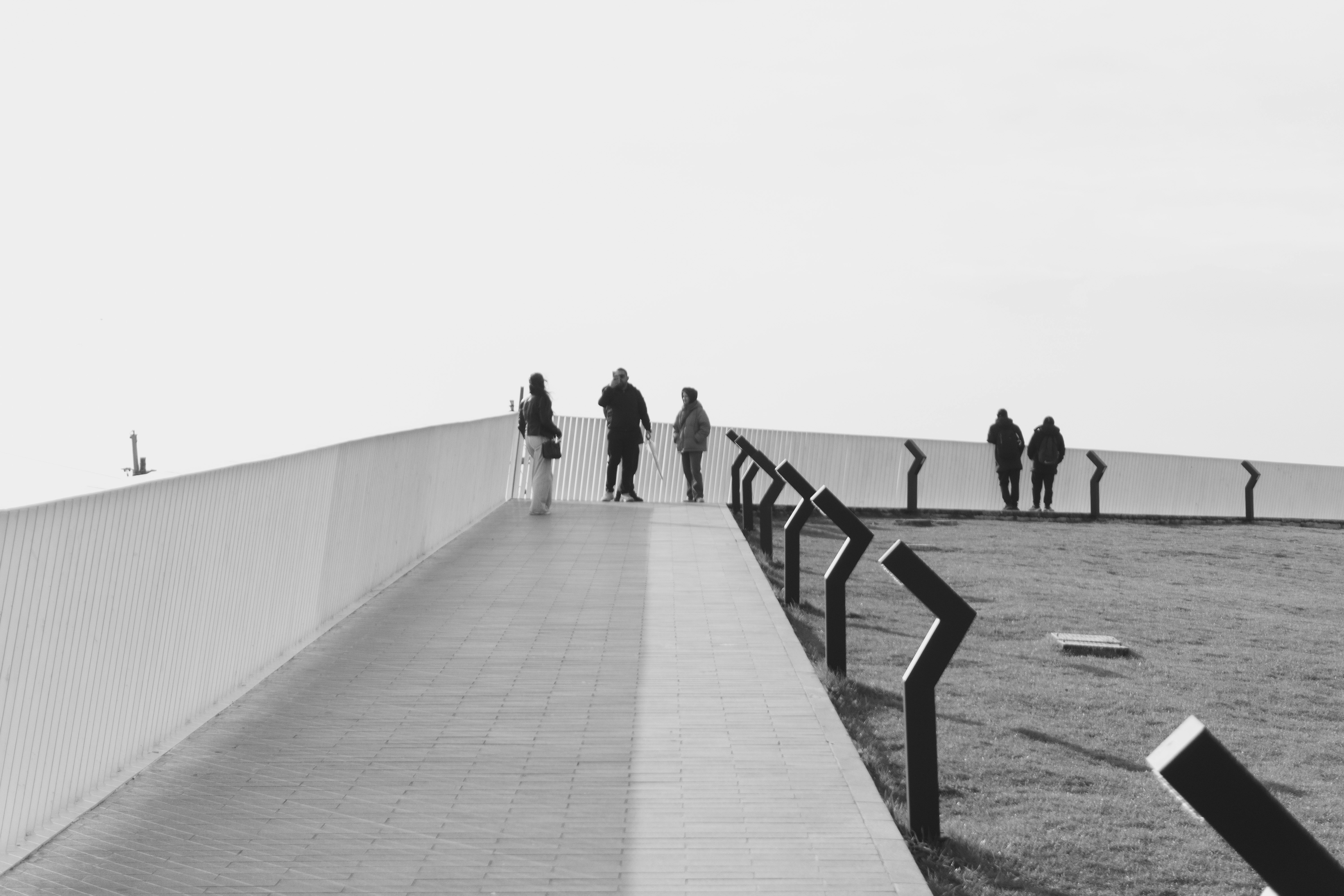 People standing on a rooftop with a railing