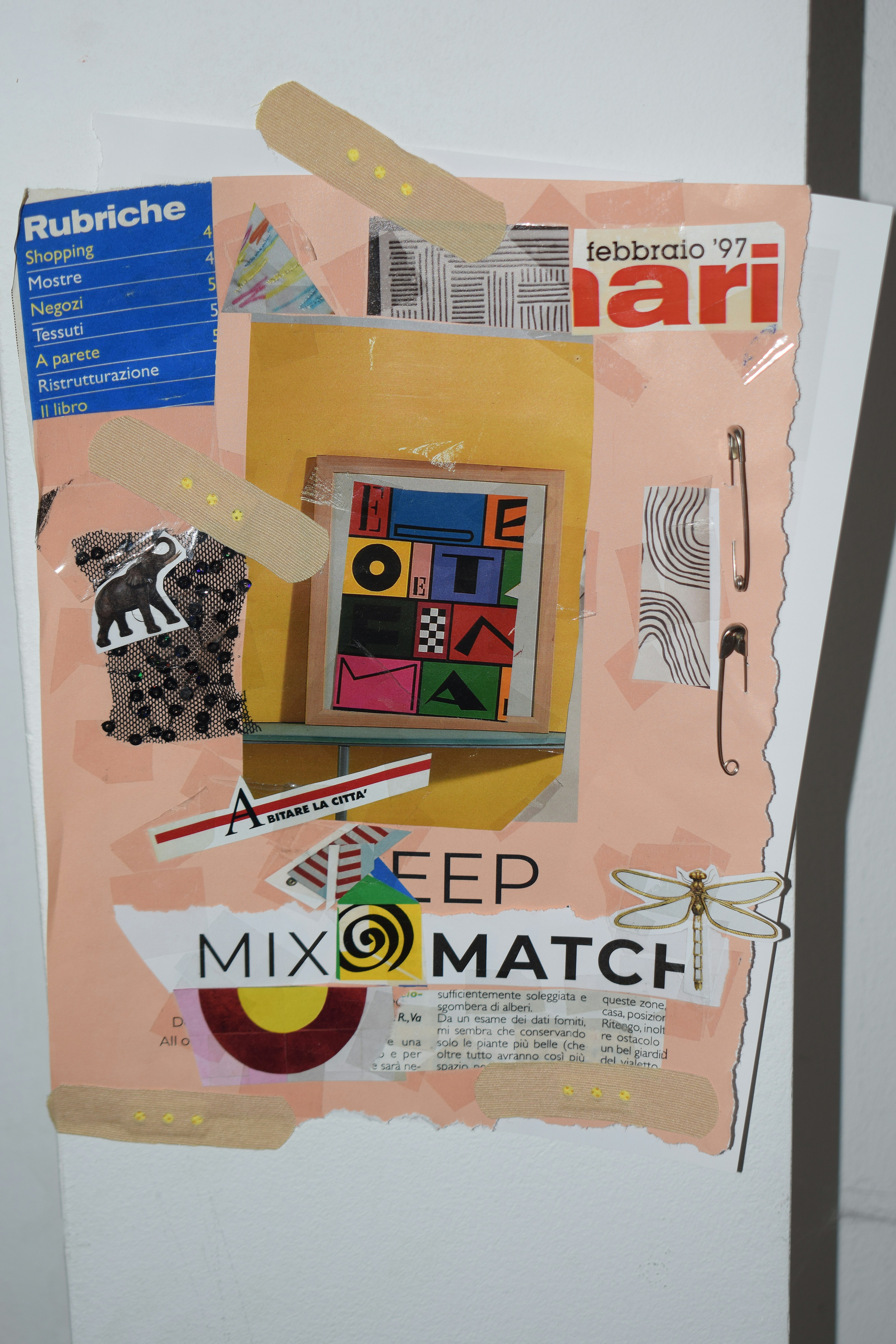 Collage with colorful shapes, text, and objects.