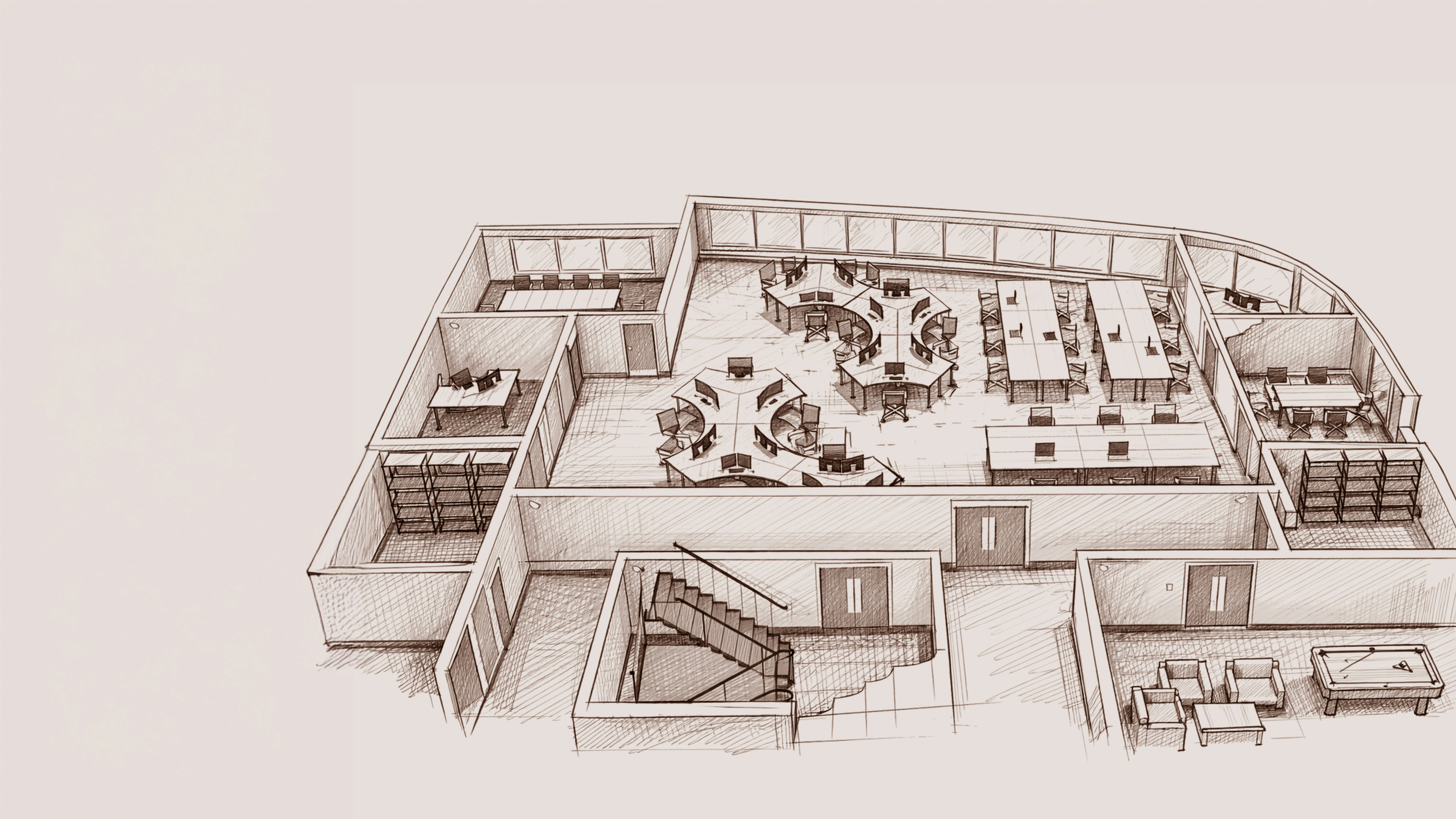 Architectural drawing of a modern office interior layout