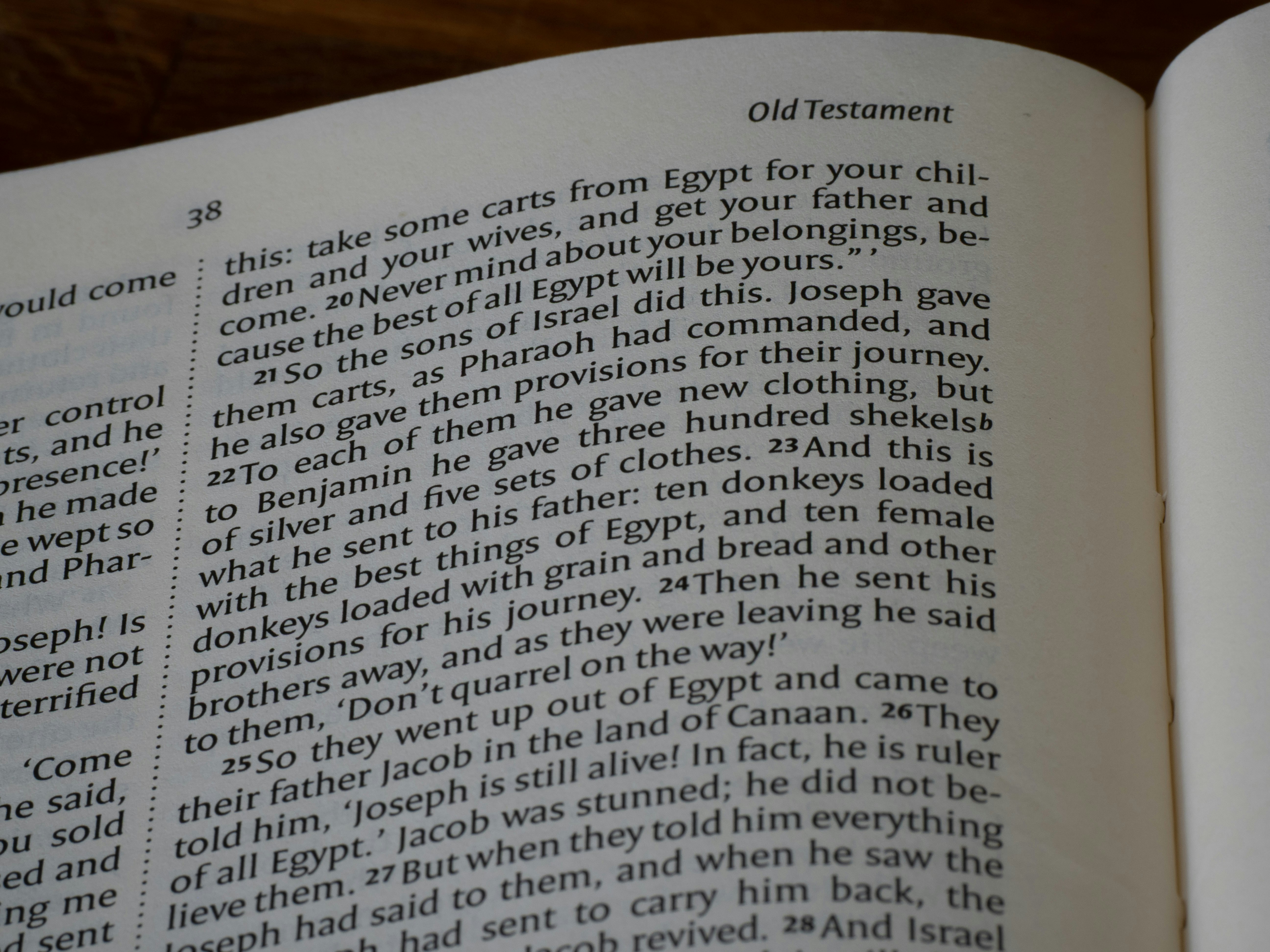 Close-up of an open bible with text from old testament.