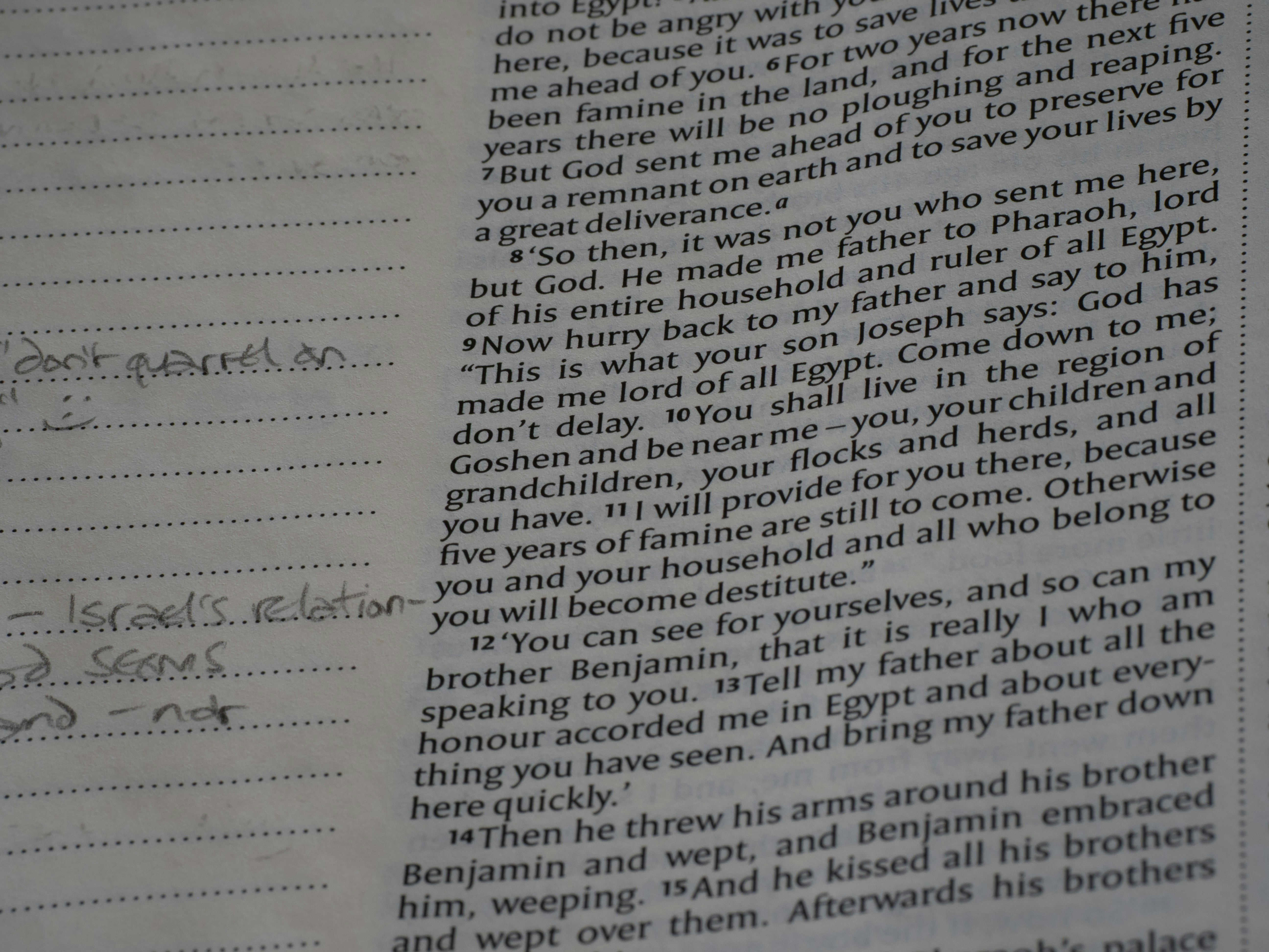 Close-up of an open bible with handwritten notes.