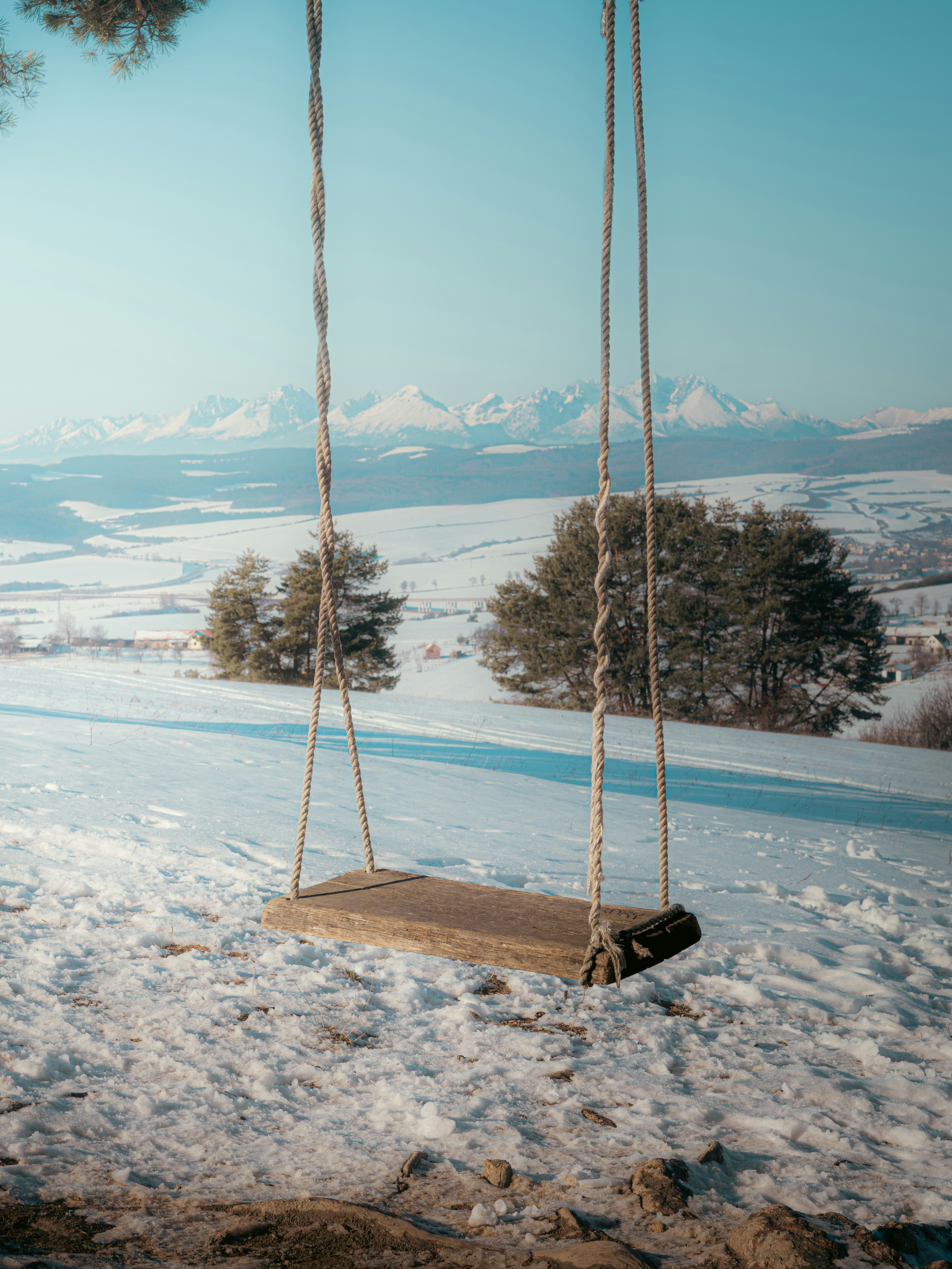 Wooden swing overlooking snowy mountains and trees