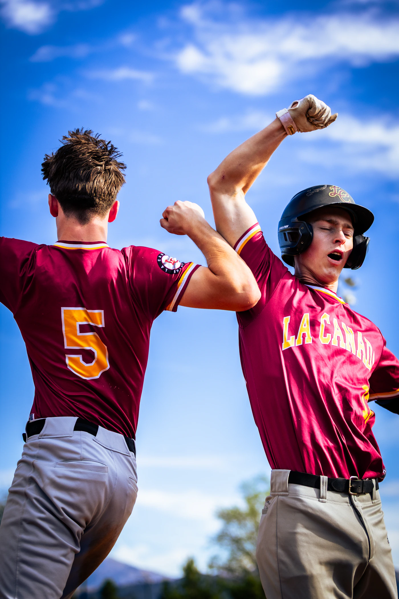 two teammates in custom maroon jerseys, mid celebration on field.