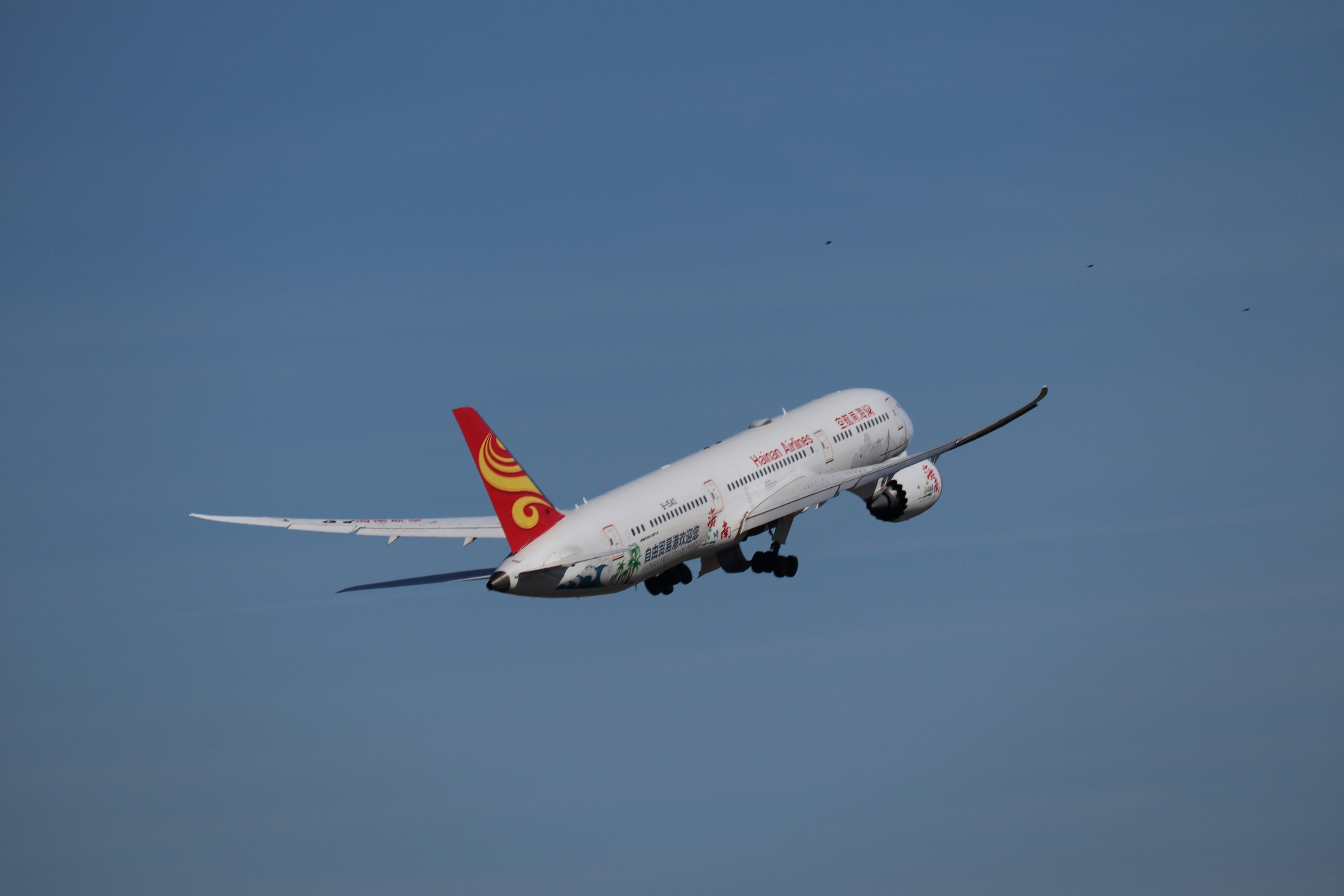 Ein Verkehrsflugzeug steigt in einen klarblauen Himmel auf.