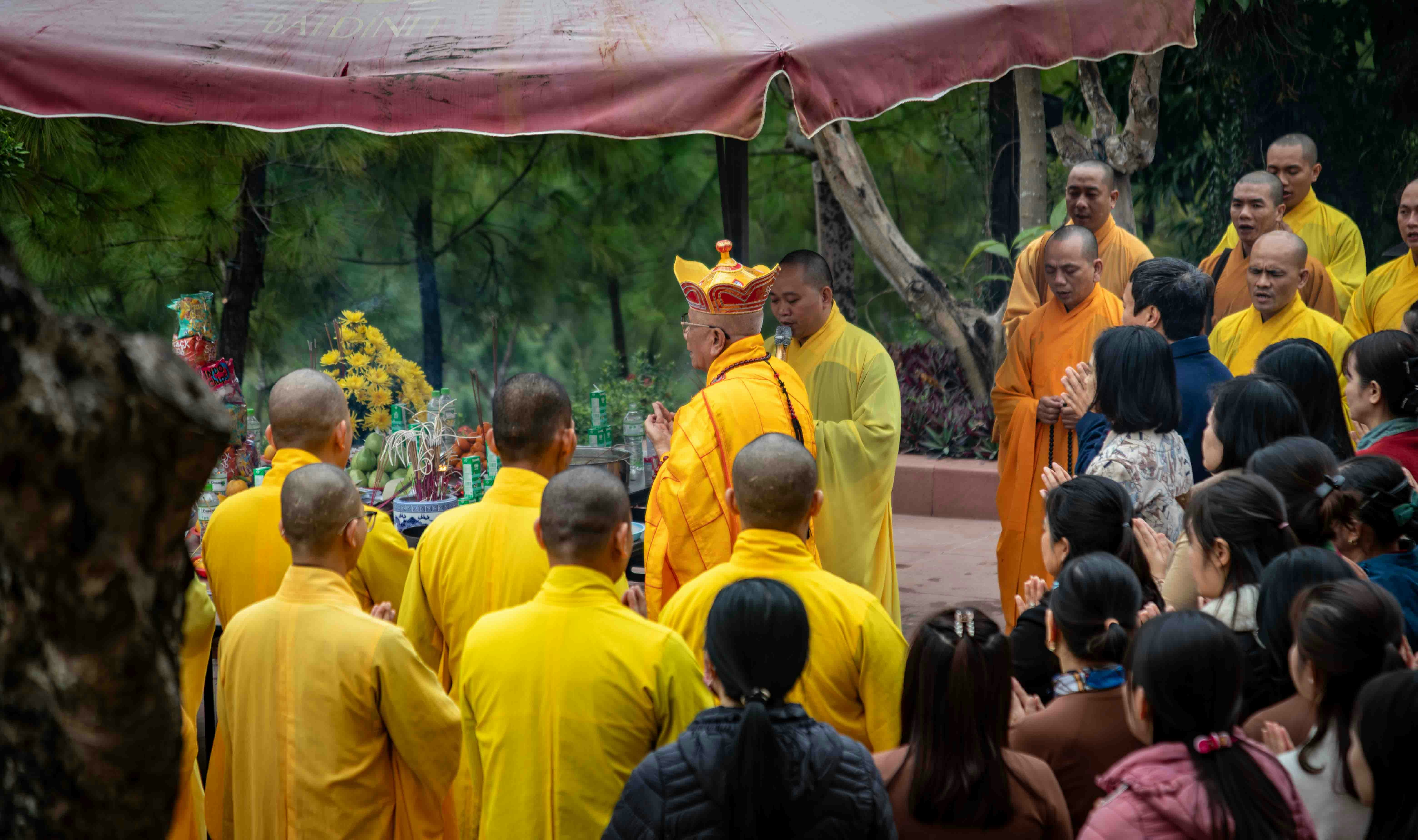 Monks in yellow robes gather for a ceremony.