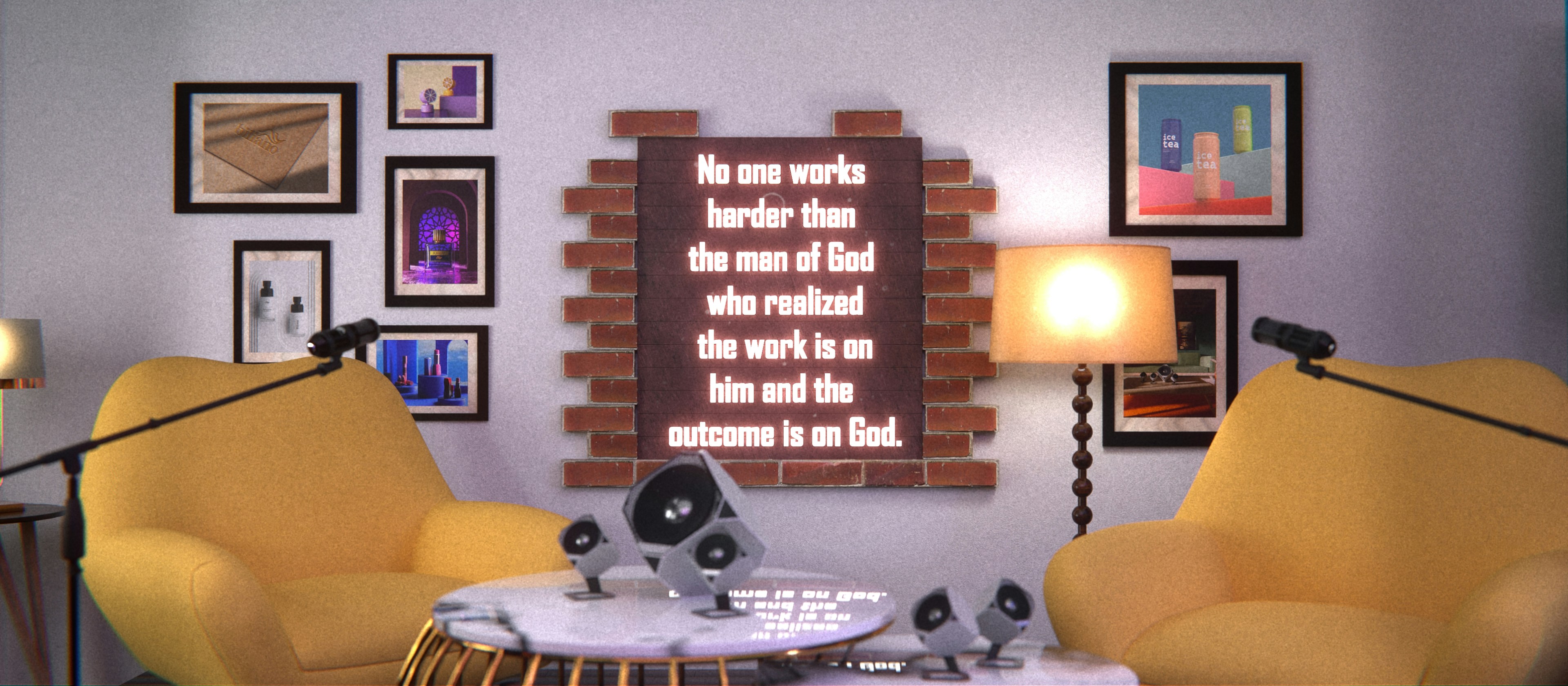 Two yellow chairs face a brick wall with framed art.