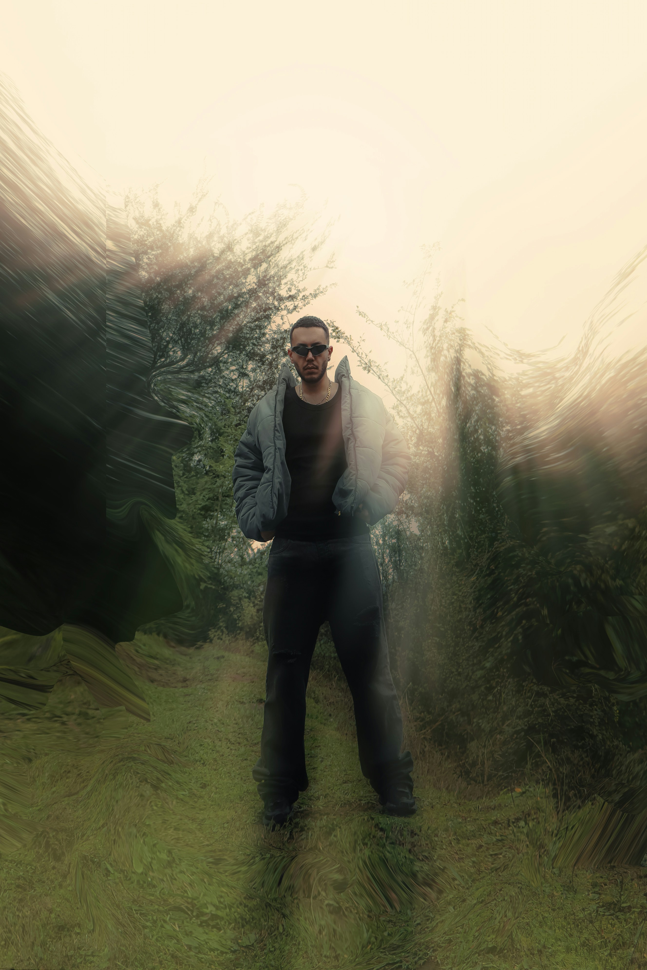 Man standing in a blurry outdoor environment