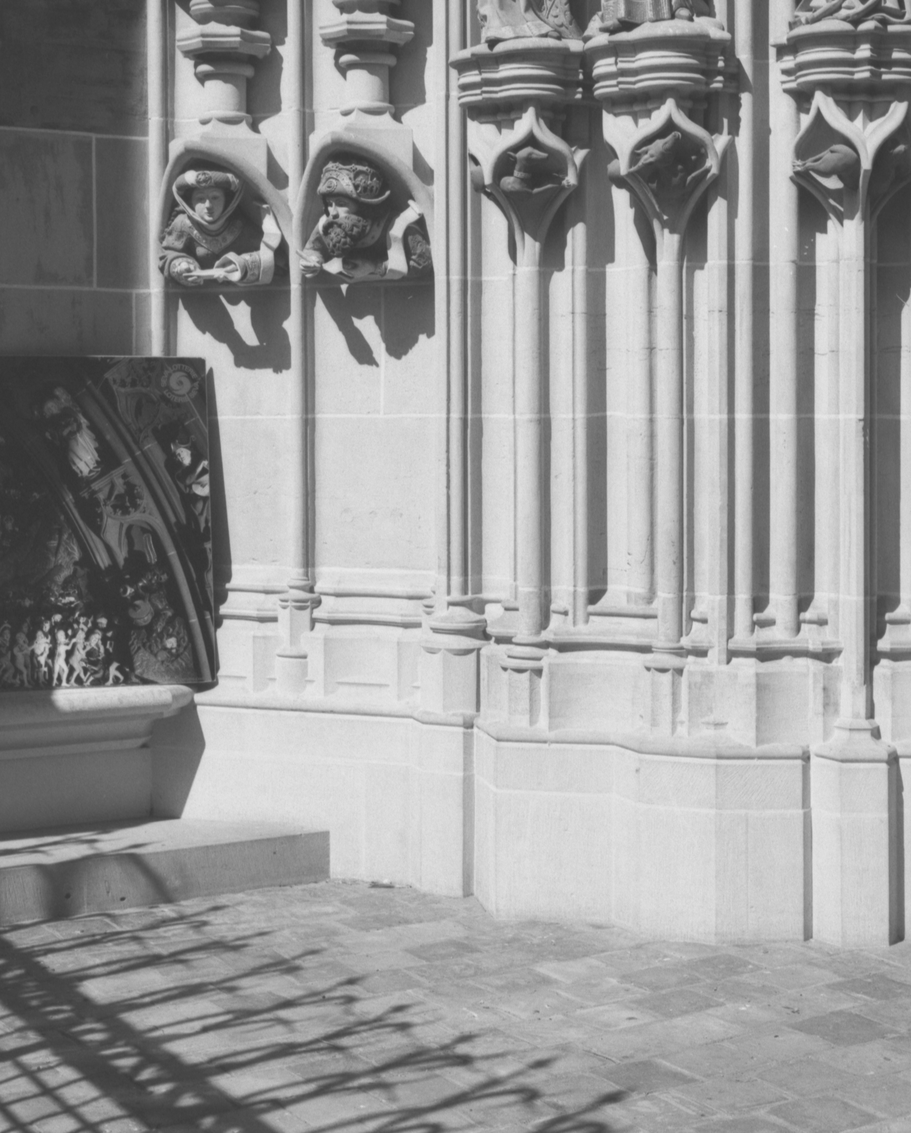 Stone gargoyles and architectural details on building