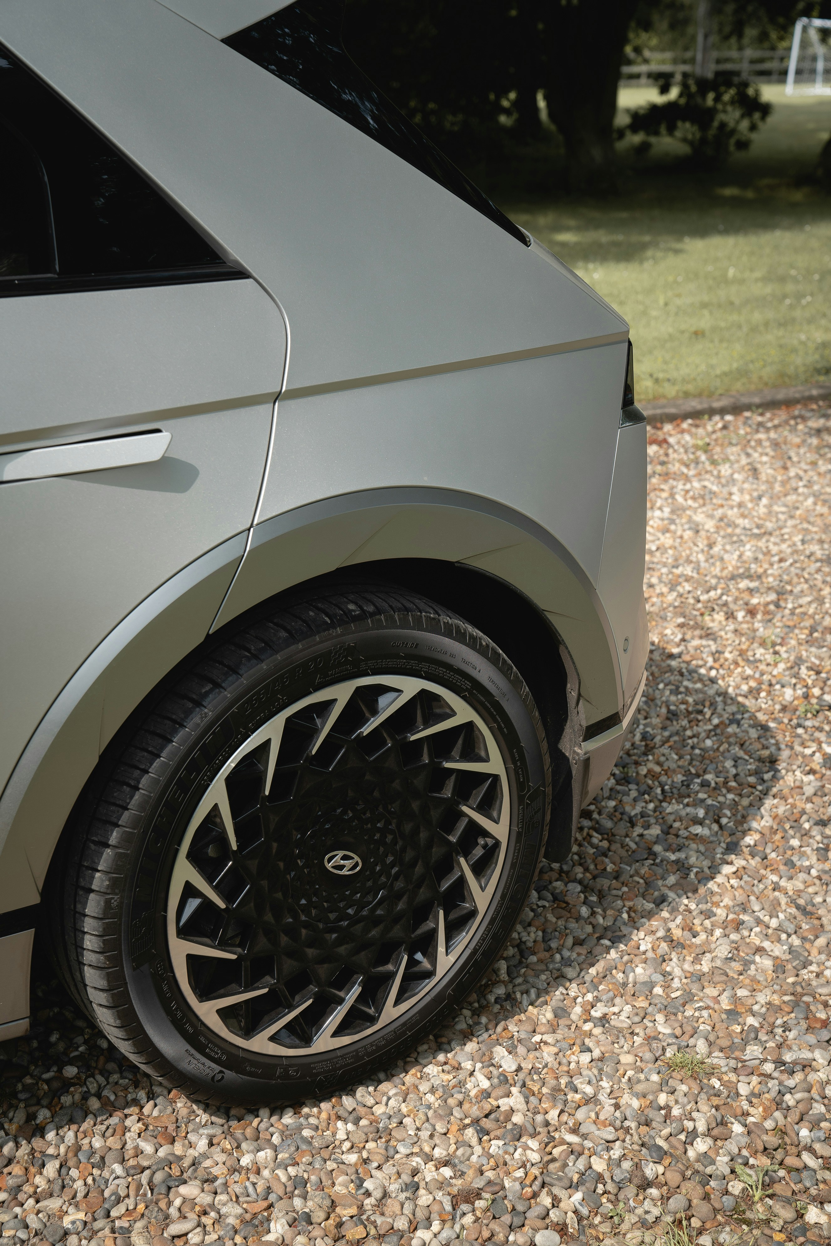 Close-up of a modern car wheel and body