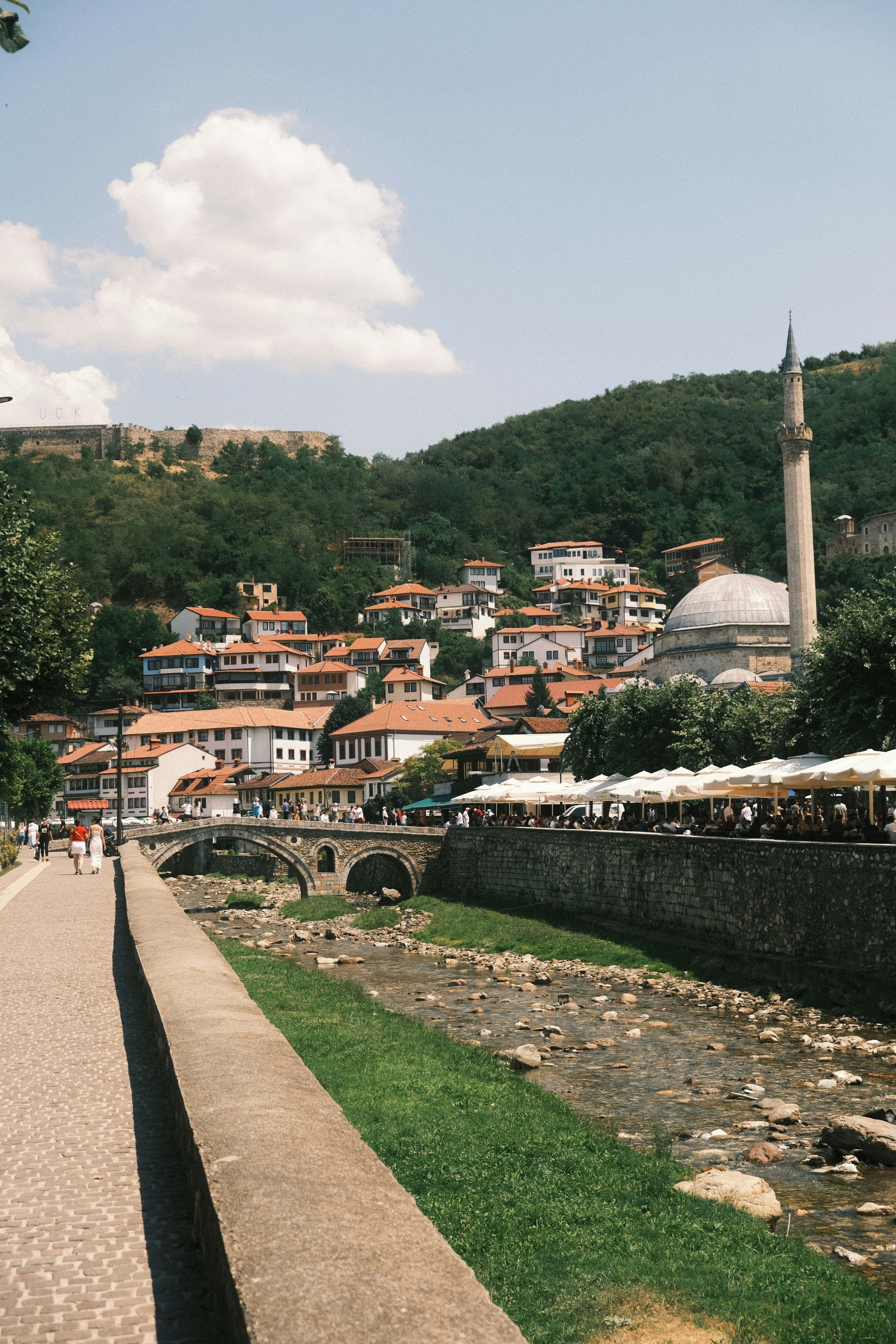 Fiume che attraversa una città con moschea e castello.