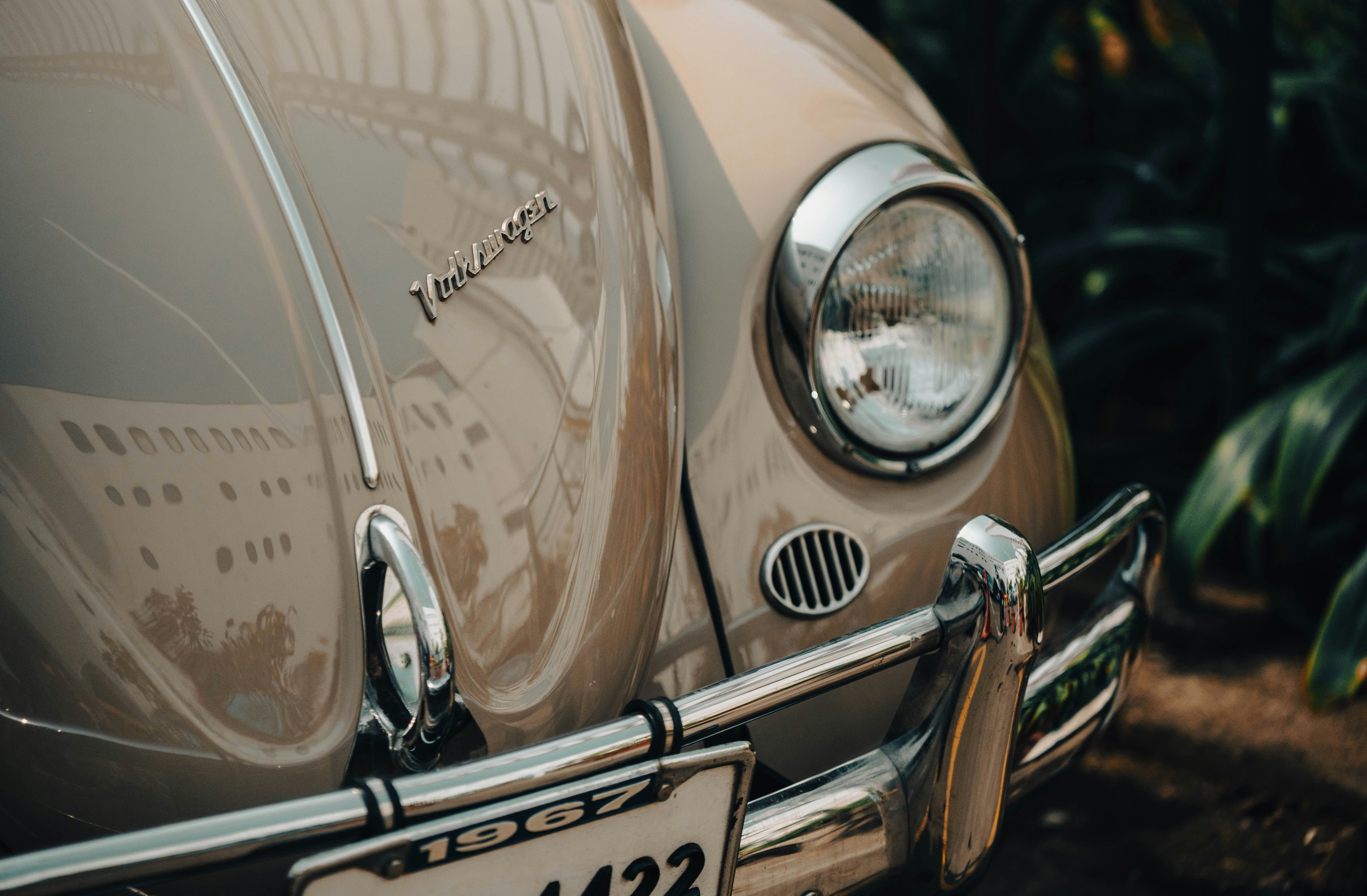Close-up of a vintage beige volkswagen beetle