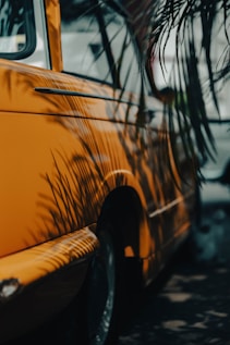 Yellow car with palm leaf shadows on side.