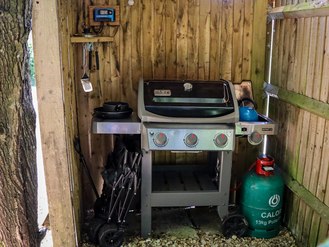 A gas grill with its propane cylinder ready in a backyard shelter