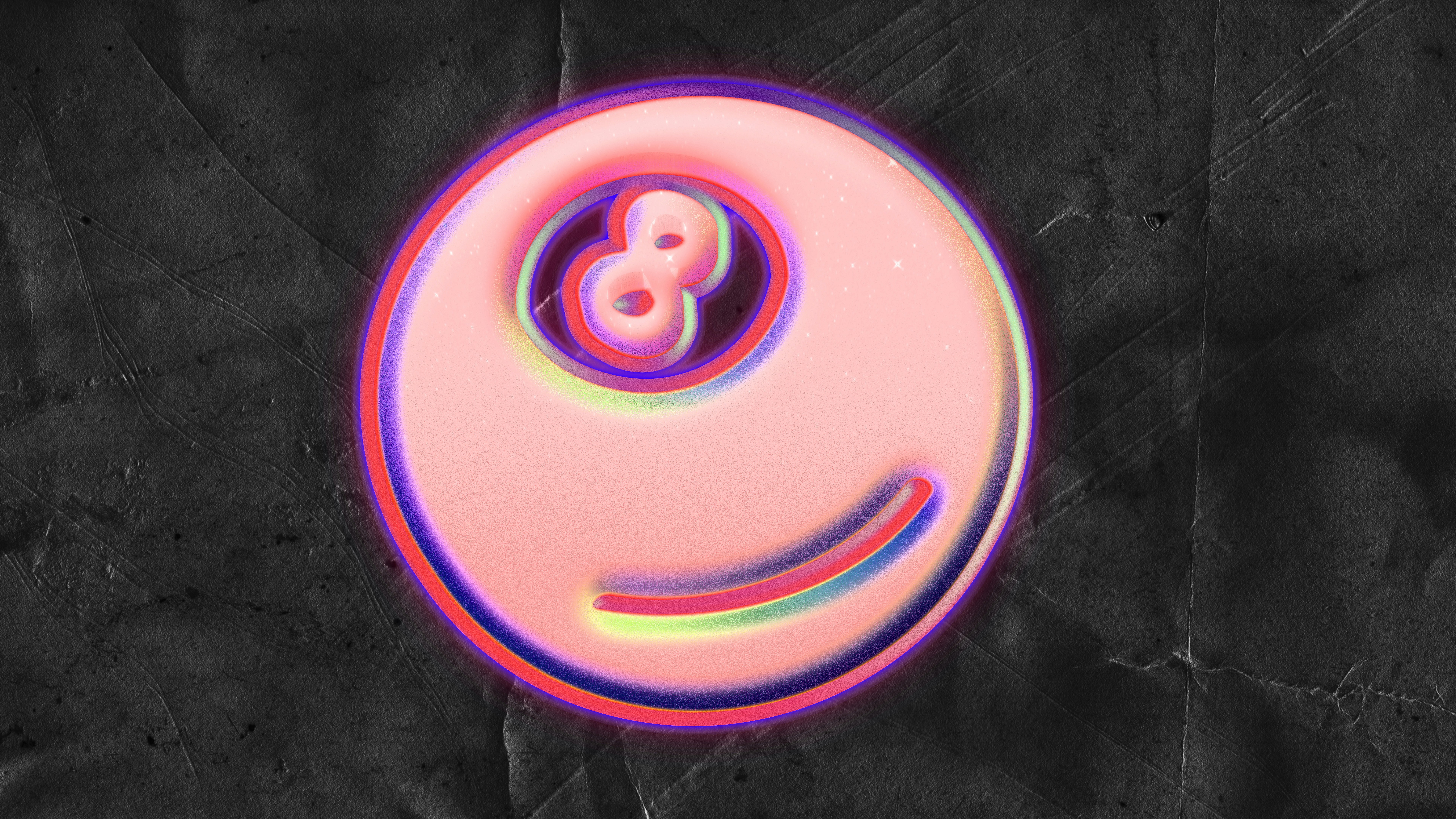 A glowing pink eight ball with neon outline