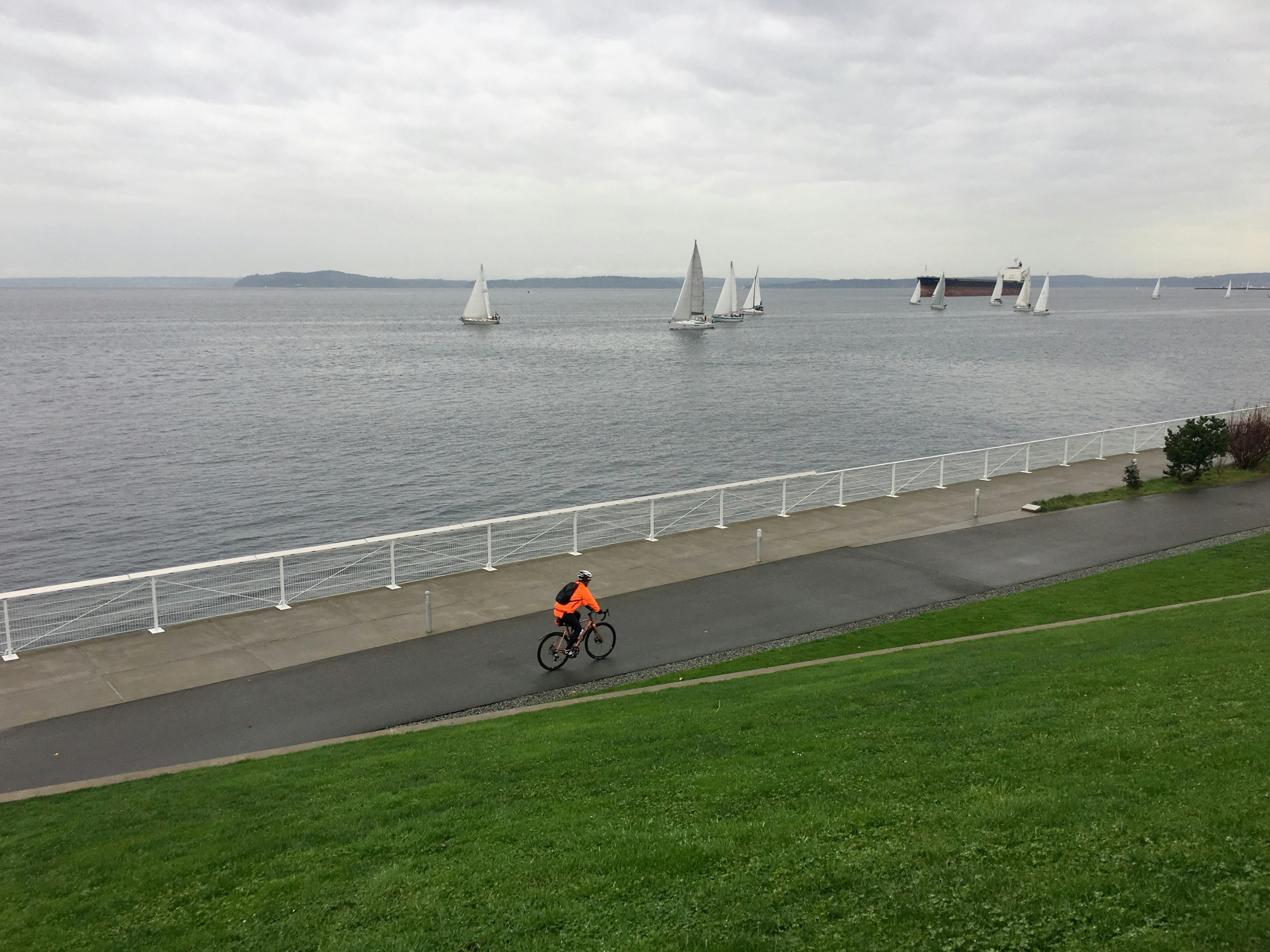 Cyclist rides along waterfront with sailboats in distance