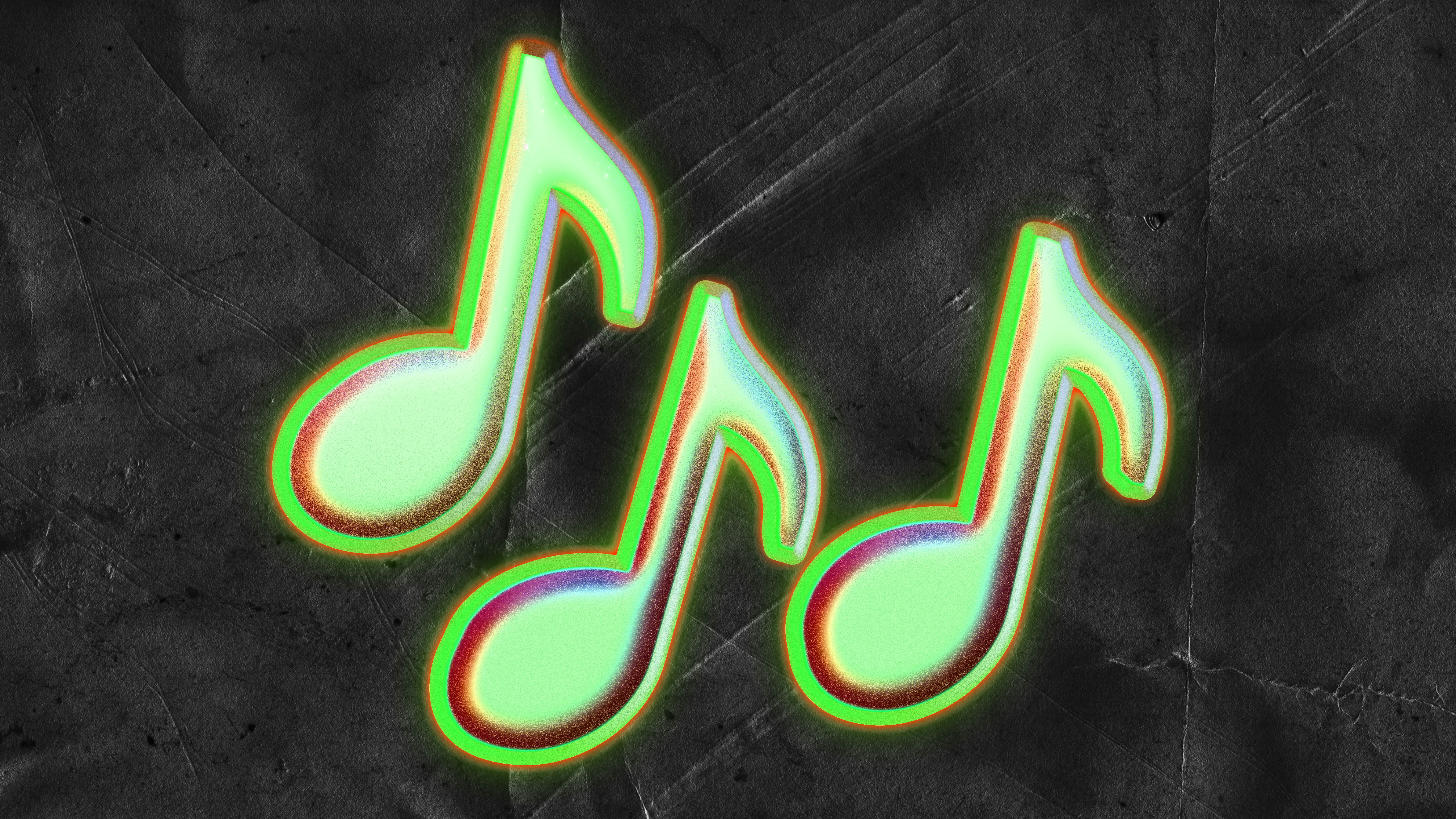 Three glowing green musical notes on dark background