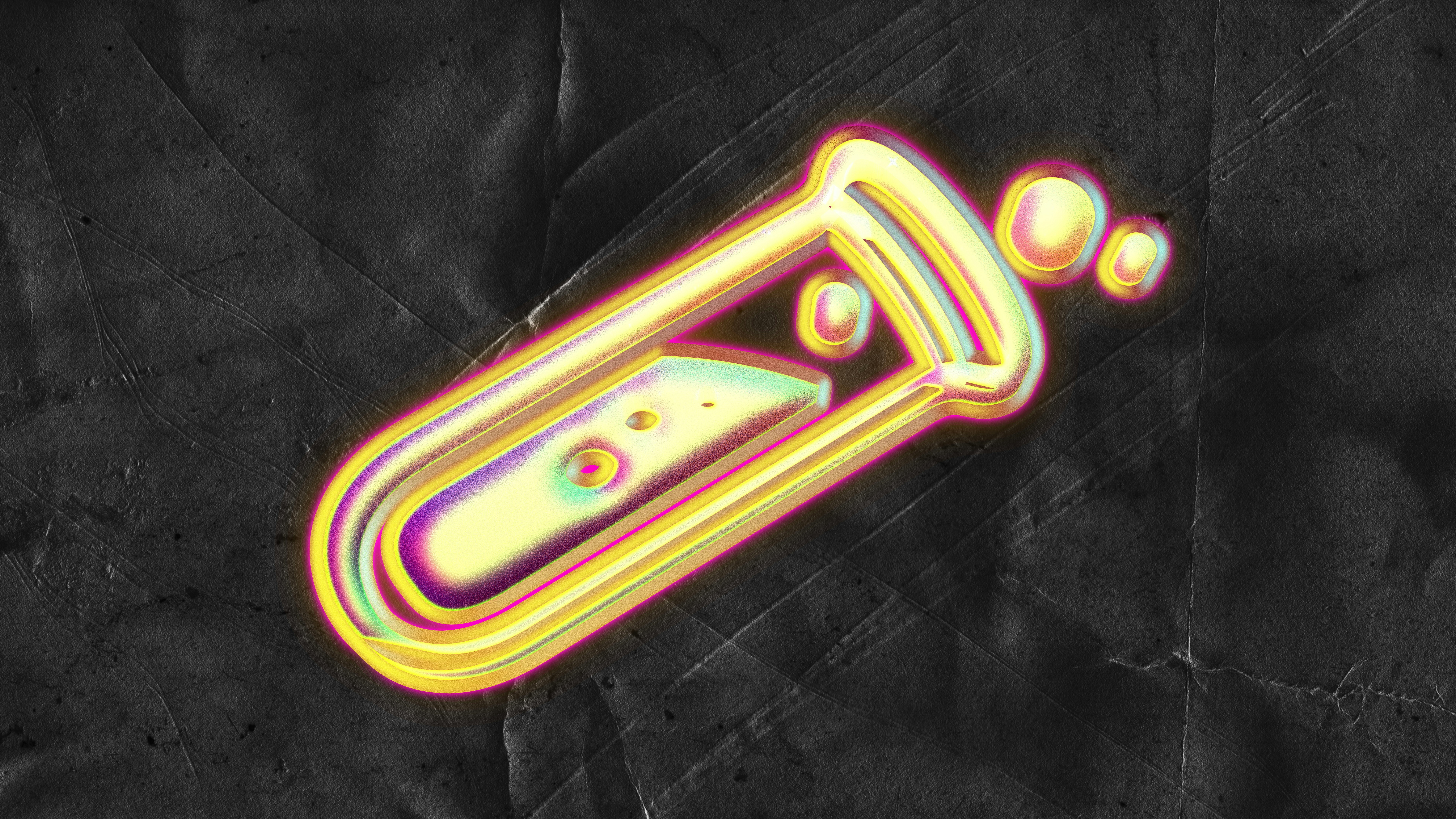 Glowing golden test tube with bubbles on dark background