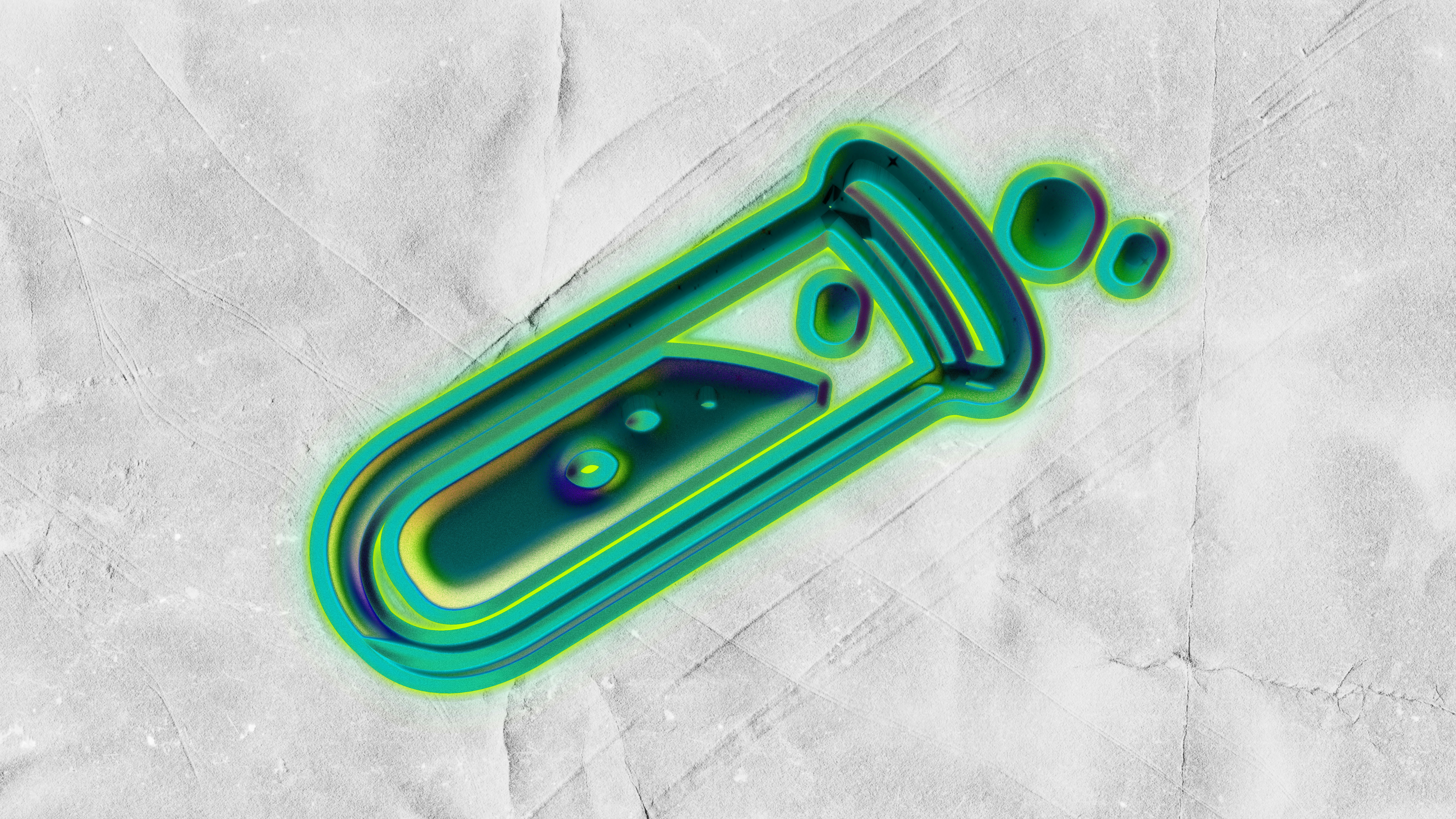 A glowing green test tube with bubbles