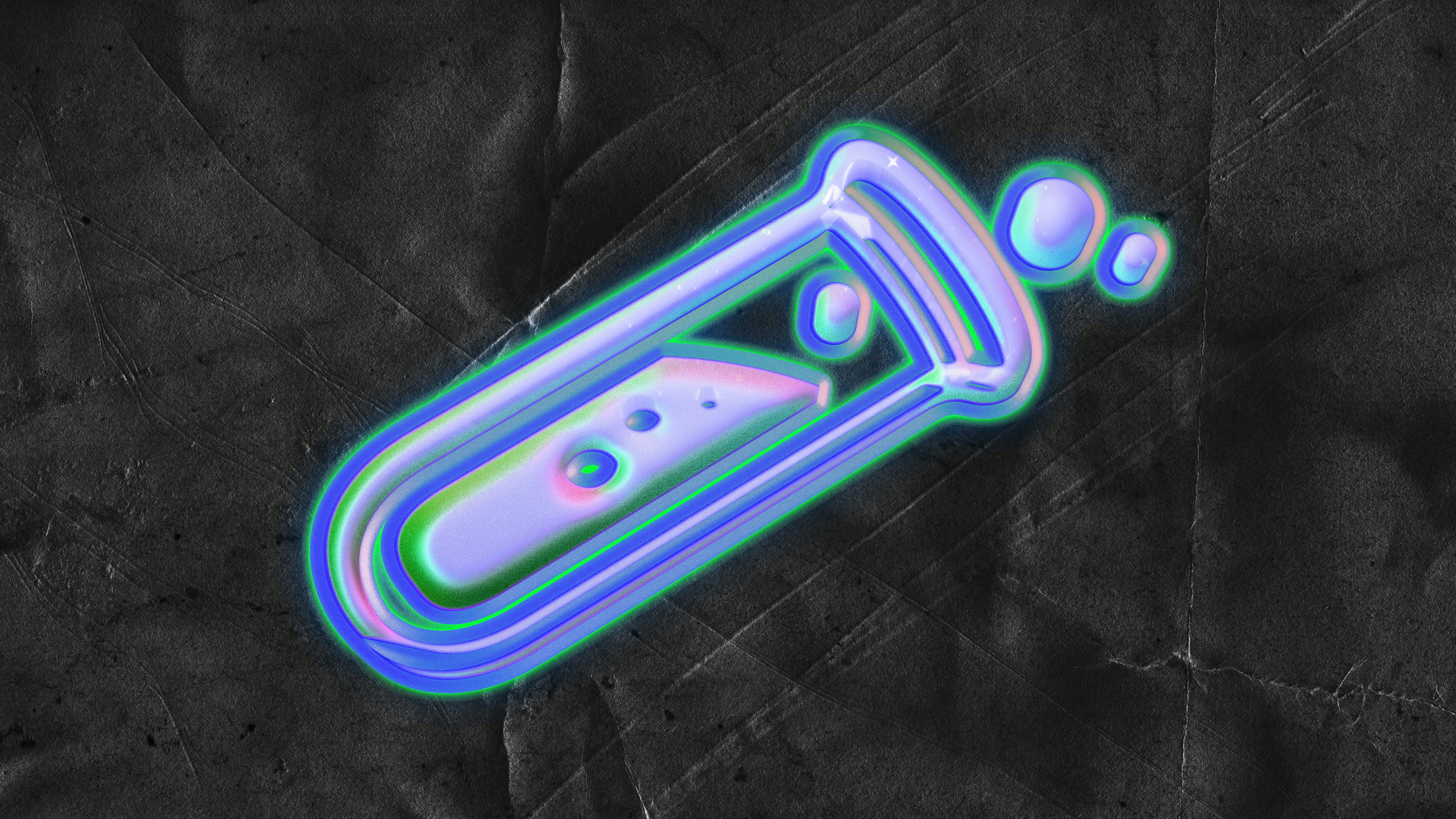 A glowing test tube with bubbles on a dark background