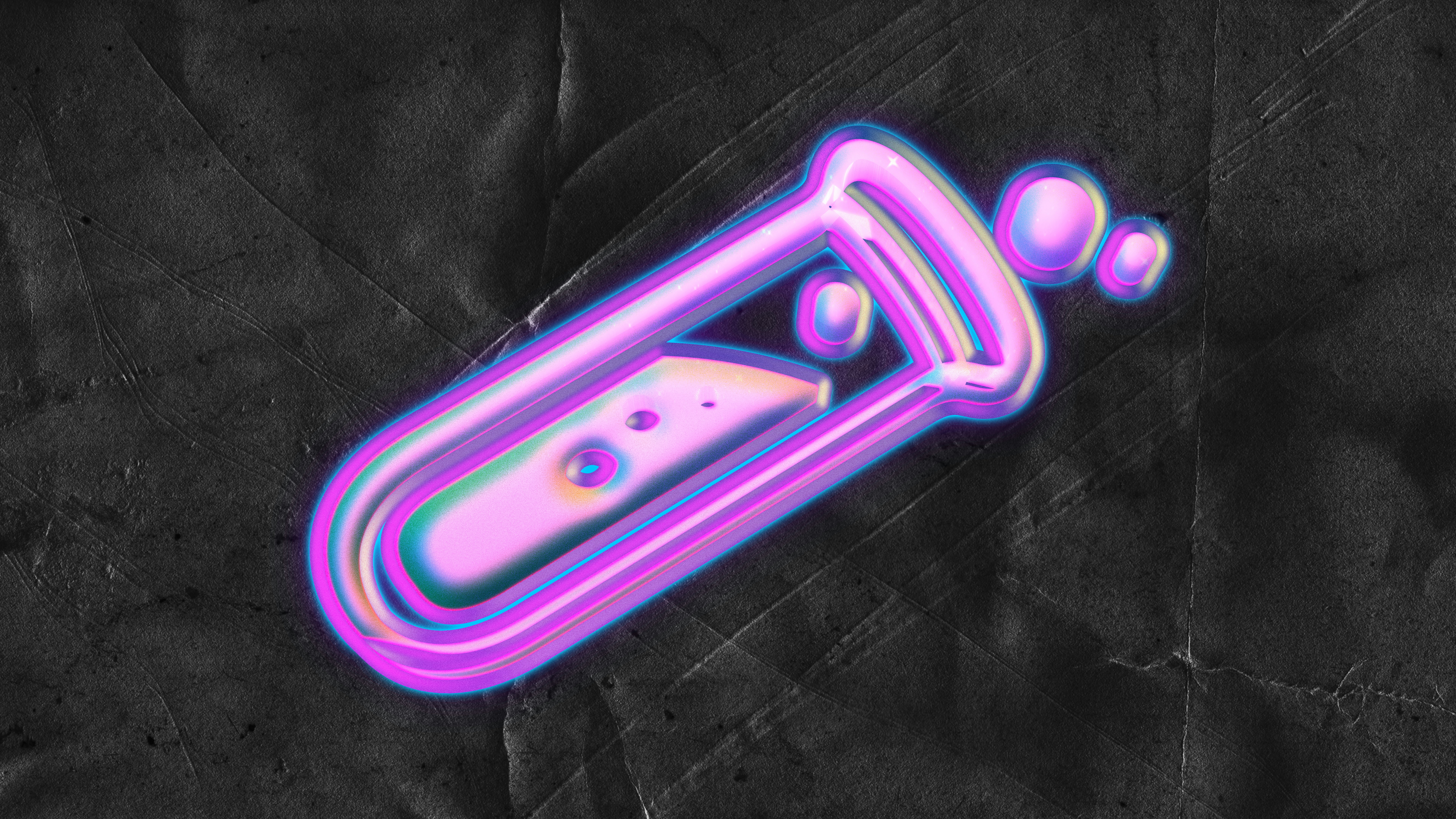 A glowing purple test tube with bubbles